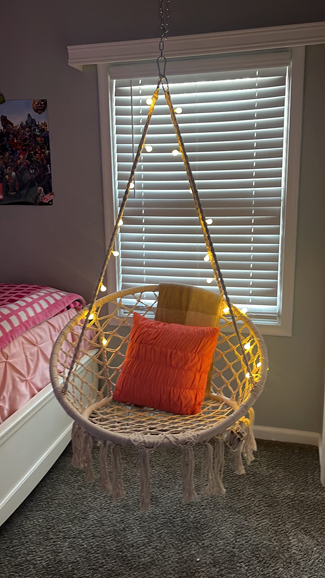 KASHAN Hanging Chair for Bedroom Hammock Chair Swing with Lights and Hardware Kits Holds up to 550Lbs Macrame Swing Chair Hanging Cotton Rope for Patio, Deck, Garden - Cushion Not Included customer photo 1