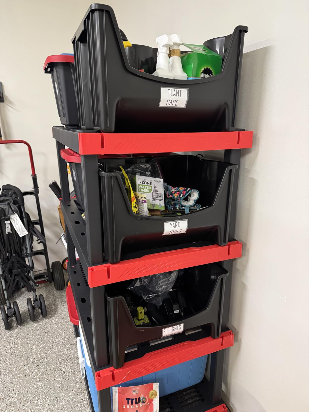 cx craftsman 5-tier heavy duty plastic storage shelves, garage organization | 5-tier storage rack organizes garages, workshops & basements, 200 lb/shelf, 72.3h x 40w x 24d, easy assembly, black/red customer photo 1