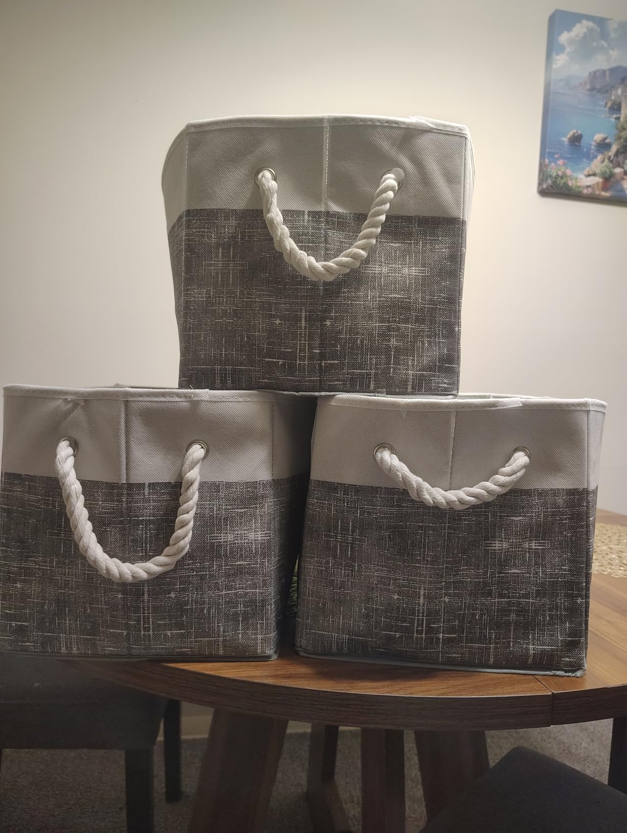Fab totes Storage Bins Foldable Storage Baskets with Rope Handles | 3-Pack Storage Bins for Organizing Toys, Books, Shelves, Closet, Large Storage Box Sturdy Organizer Bins, White & Grey customer photo 2