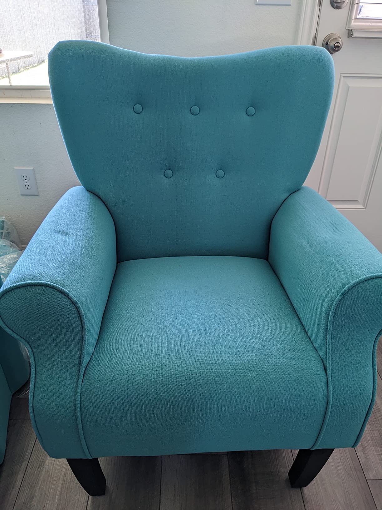 YOLENY Modern Accent Chair,High Back Armchair,Upholstered Fabric Button Single Sofa with Wooden Legs for Living Room,Bedroom,Blue Leaves customer photo 2