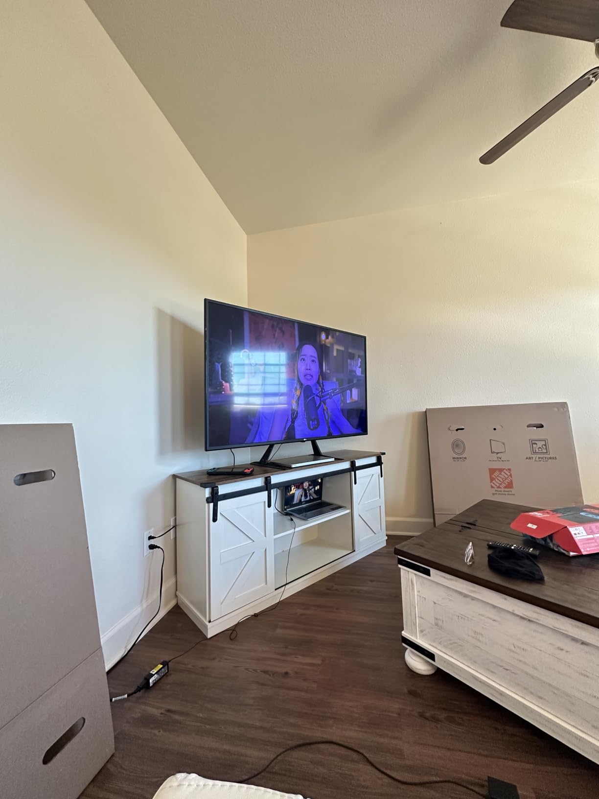 JUMMICO TV Stand for 65 Inch TV, Sliding Barn Doors, Bright White customer photo 1