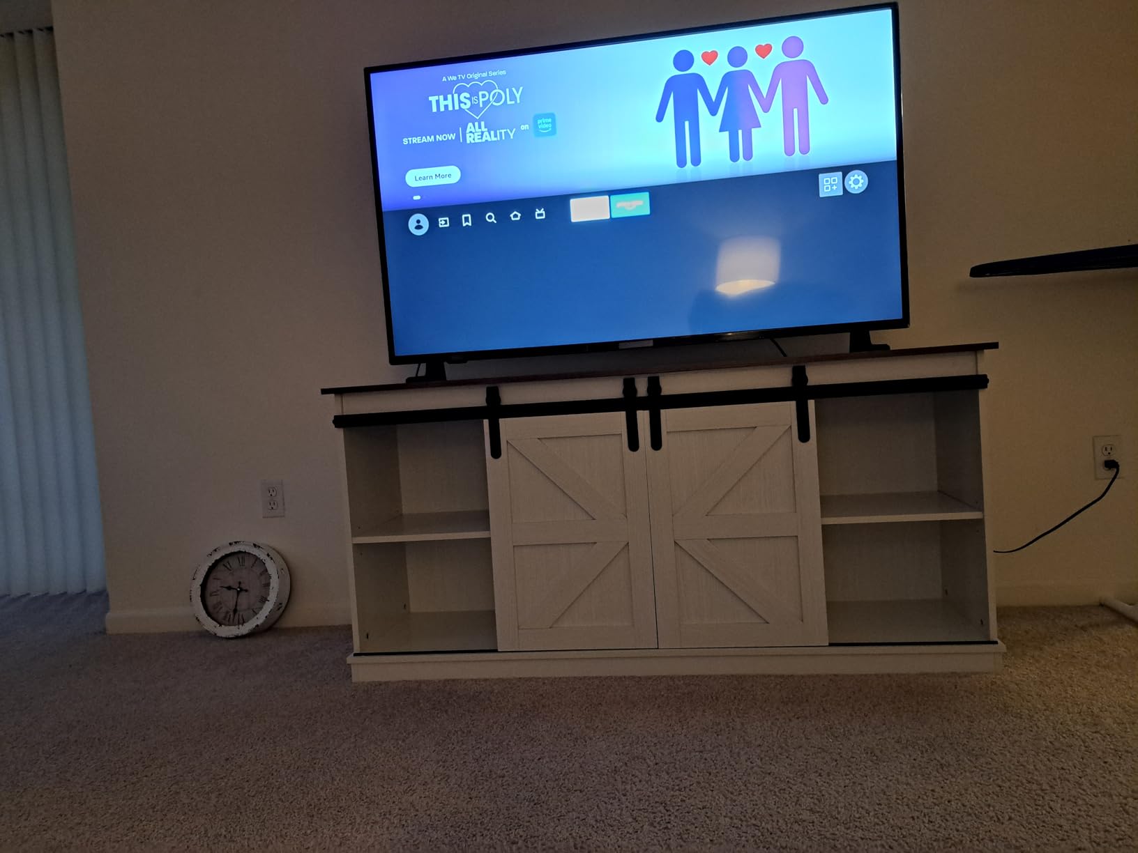 JUMMICO TV Stand for 65 Inch TV, Sliding Barn Doors, Bright White customer photo 2