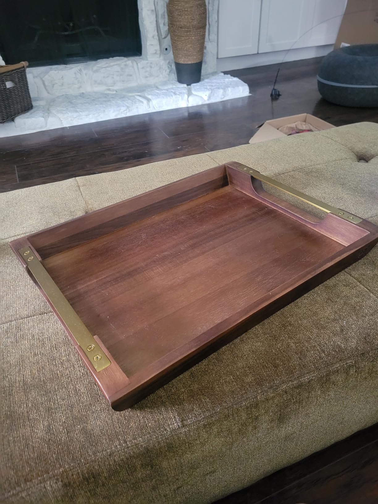 Acacia Wood Serving Tray with Metal Handle, 17x13in Tray for Ottoman | Decorative Food & Drink Tray for Coffee Table, Breakfast, Dinner, BBQ, Party, Lap, Couch, Rustic Home Decor, Elegant Gift Box customer photo 2
