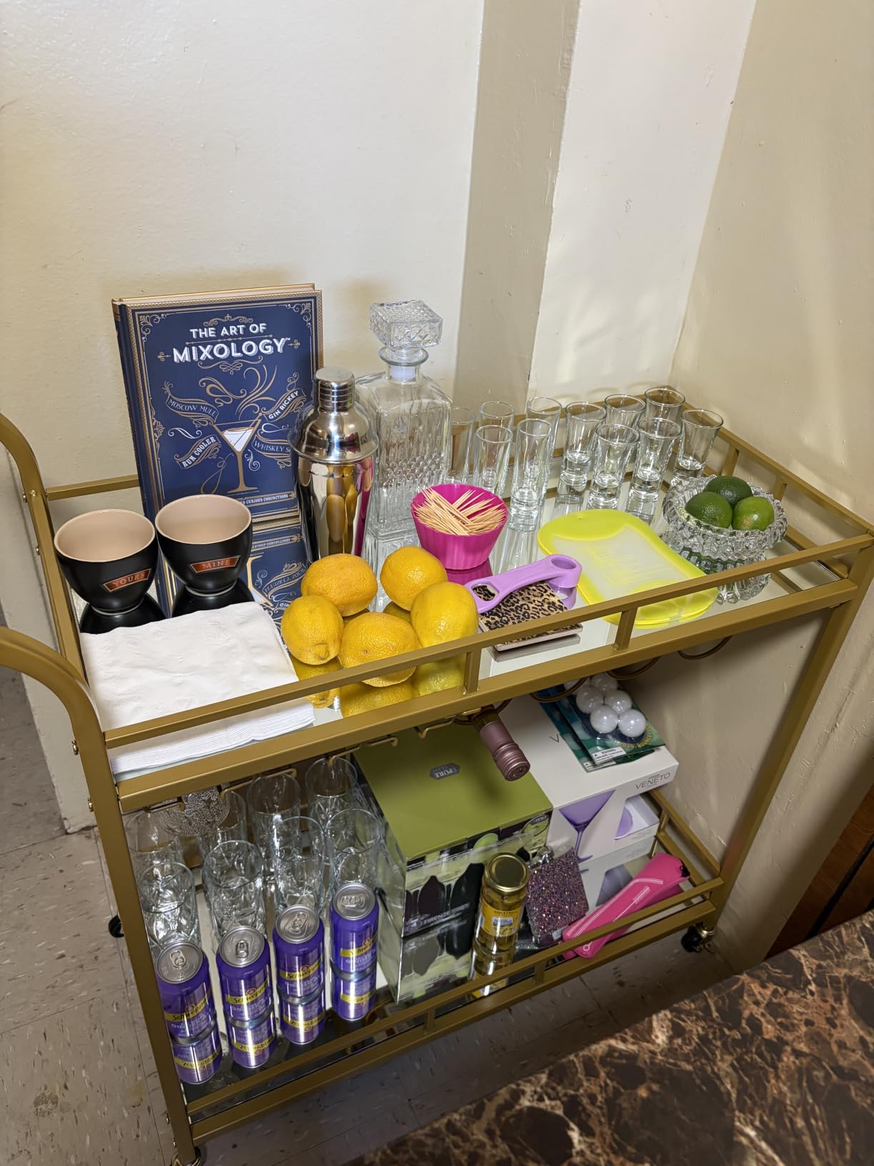 VASAGLE Bar Cart with 2 Mirrored Shelves, Wine Holders, Glass Holders | Home Bar Serving Cart, Wine Cart, for Kitchen, Dining Room, Matte Black, 15 x 33.9 x 35.4 inches, ULRC090B62 customer photo 2