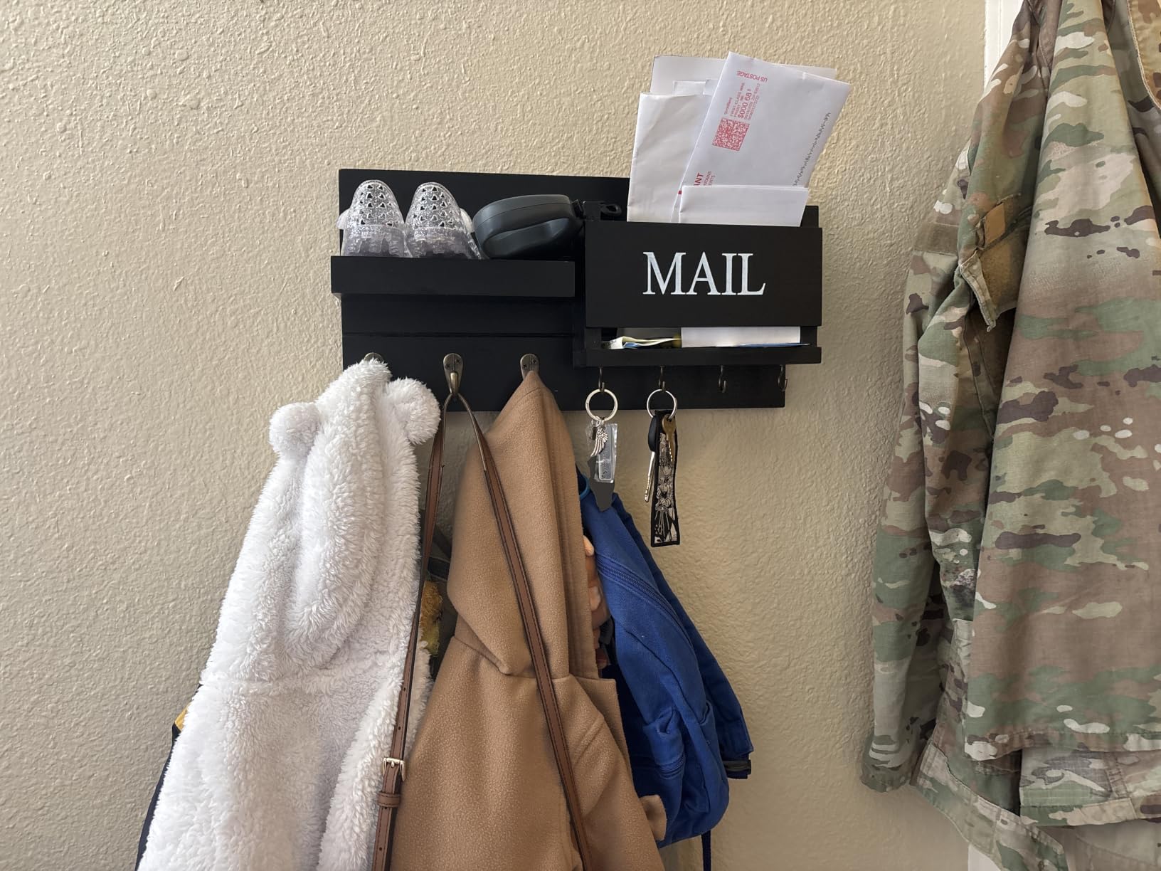 Lwenki Mail Organizer for Wall Mount – Key Holder with Shelf Includes Letter Holder and Hooks for Hallway Farmhouse Decor – Rustic Wood with Flush Mounting Hardware (16.5” x 9.1” x 3.4”) (White) customer photo 1