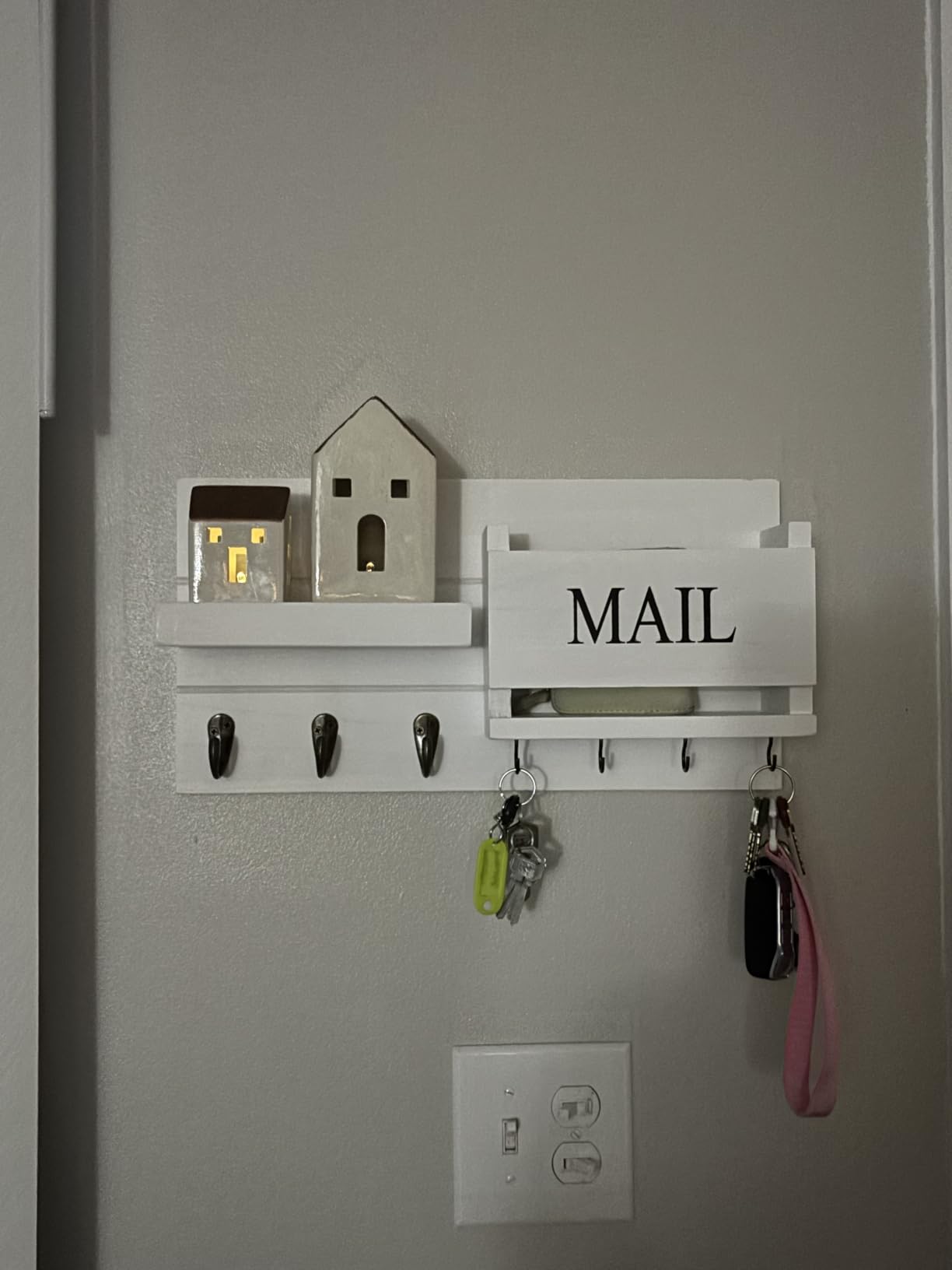 Lwenki Mail Organizer for Wall Mount – Key Holder with Shelf Includes Letter Holder and Hooks for Hallway Farmhouse Decor – Rustic Wood with Flush Mounting Hardware (16.5” x 9.1” x 3.4”) (White) customer photo 2