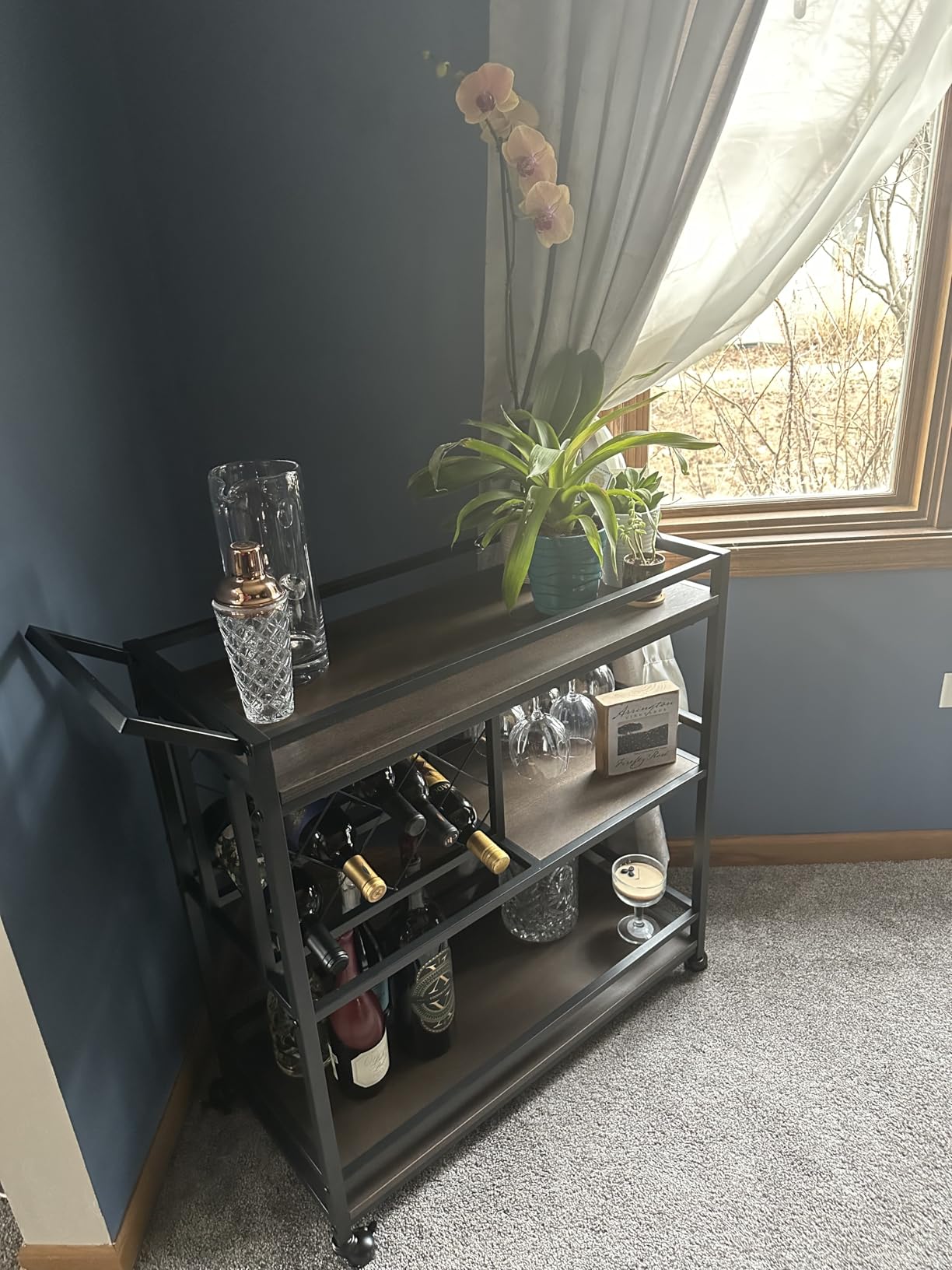 FATORRI Bar Cart for The Home with Wine Rack and Glasses Holder, Small Home Bar Serving Cart on Wheels for Liquor and Alcohol (Walnut Brown) customer photo 2