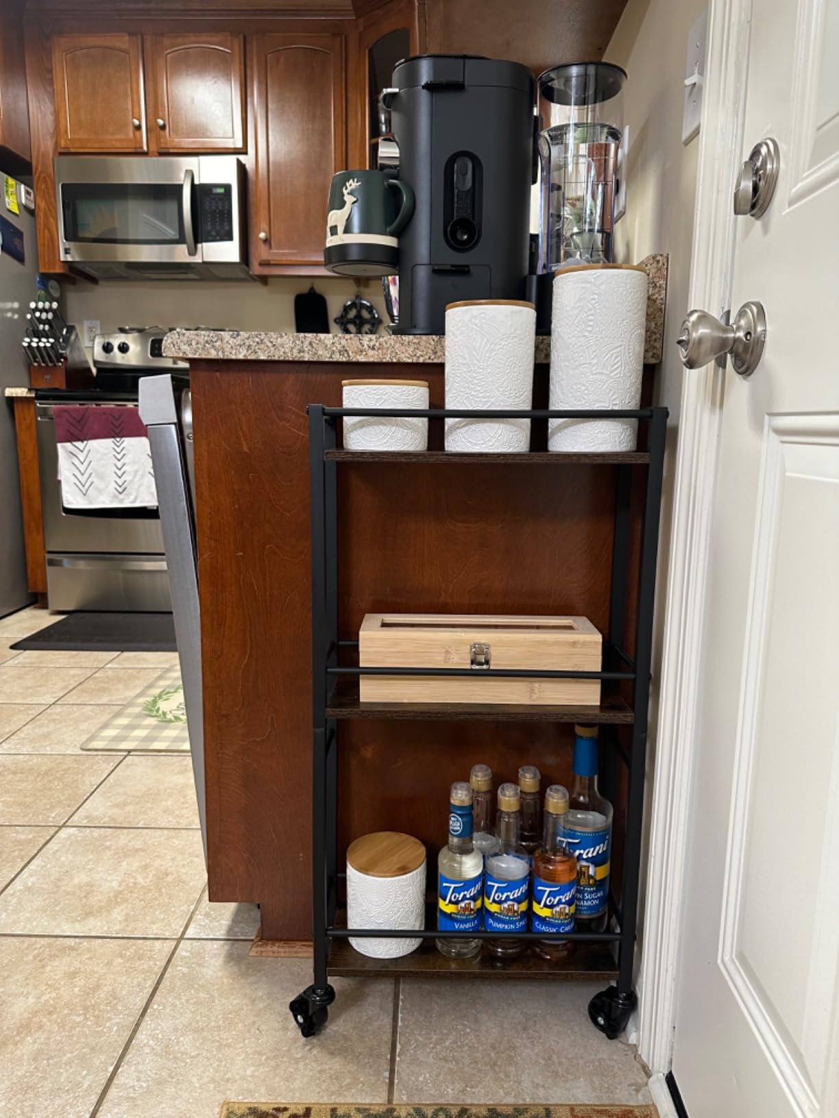 MAHANCRIS Slim Rolling Cart, Mobile Kitchen Cart on Wheels, Narrow Storage Cart for Small Space, Small Bar Cart, for Bathroom, Laundry, Living Room, Rustic Brown RCHR1501Z customer photo 1