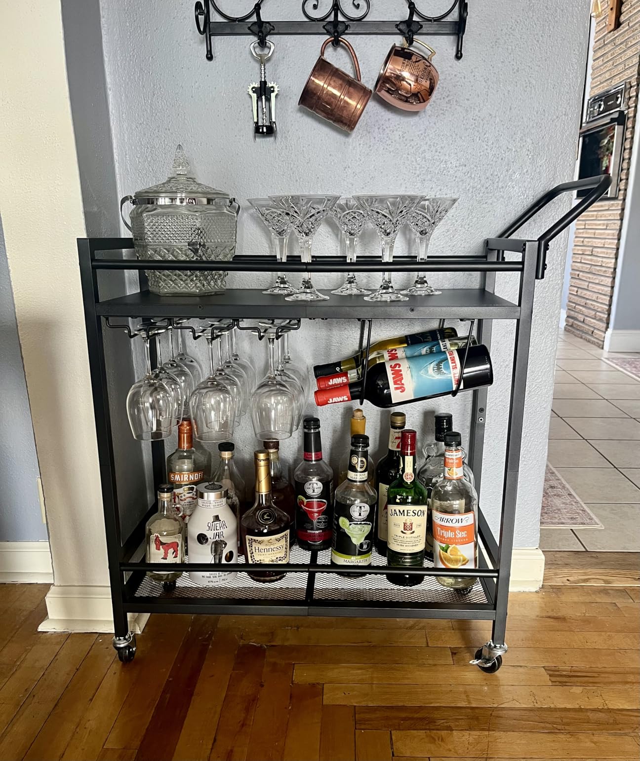 LAATOOREE Bar Cart, Two-Color Home Bar Serving Cart, Mobile Drink Beverage Cart with 2 Storage Shelves, Rolling Kitchen Cart with Wine and Glass Holder, for Dining Room, Living Room, Kitchen customer photo 1