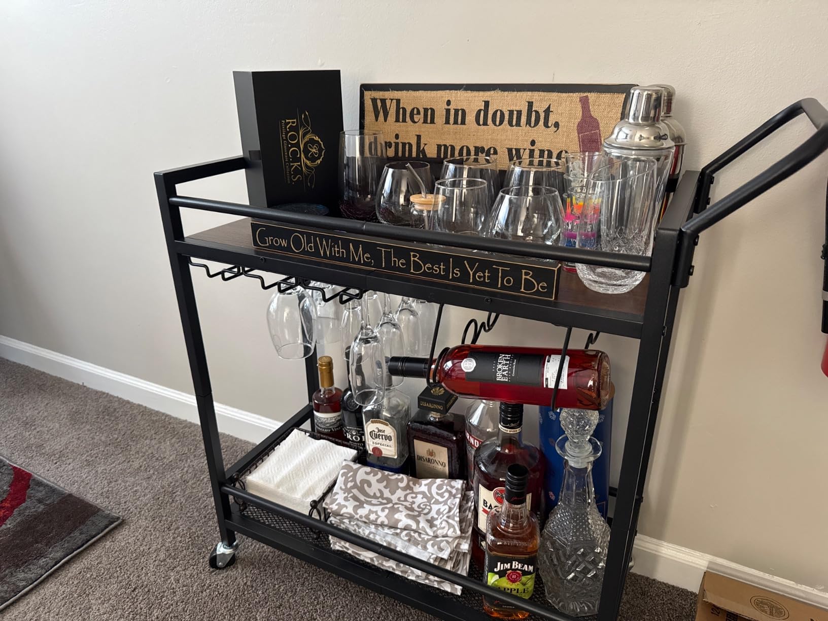 LAATOOREE Bar Cart, Two-Color Home Bar Serving Cart, Mobile Drink Beverage Cart with 2 Storage Shelves, Rolling Kitchen Cart with Wine and Glass Holder, for Dining Room, Living Room, Kitchen customer photo 2