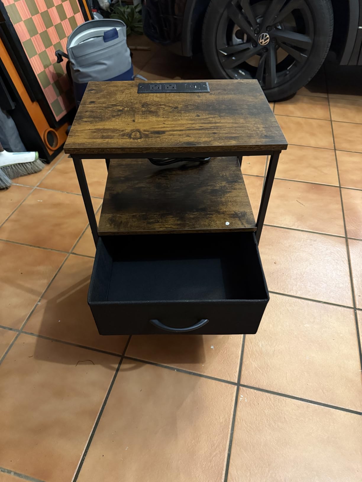 Huuger Nightstand with Charging Station, Side Table with Fabric Drawers, End Table with Open Shelf, Bedside Table with USB Ports and Outlets, Night Stand for Bedroom, Rustic Brown and Black customer photo 1