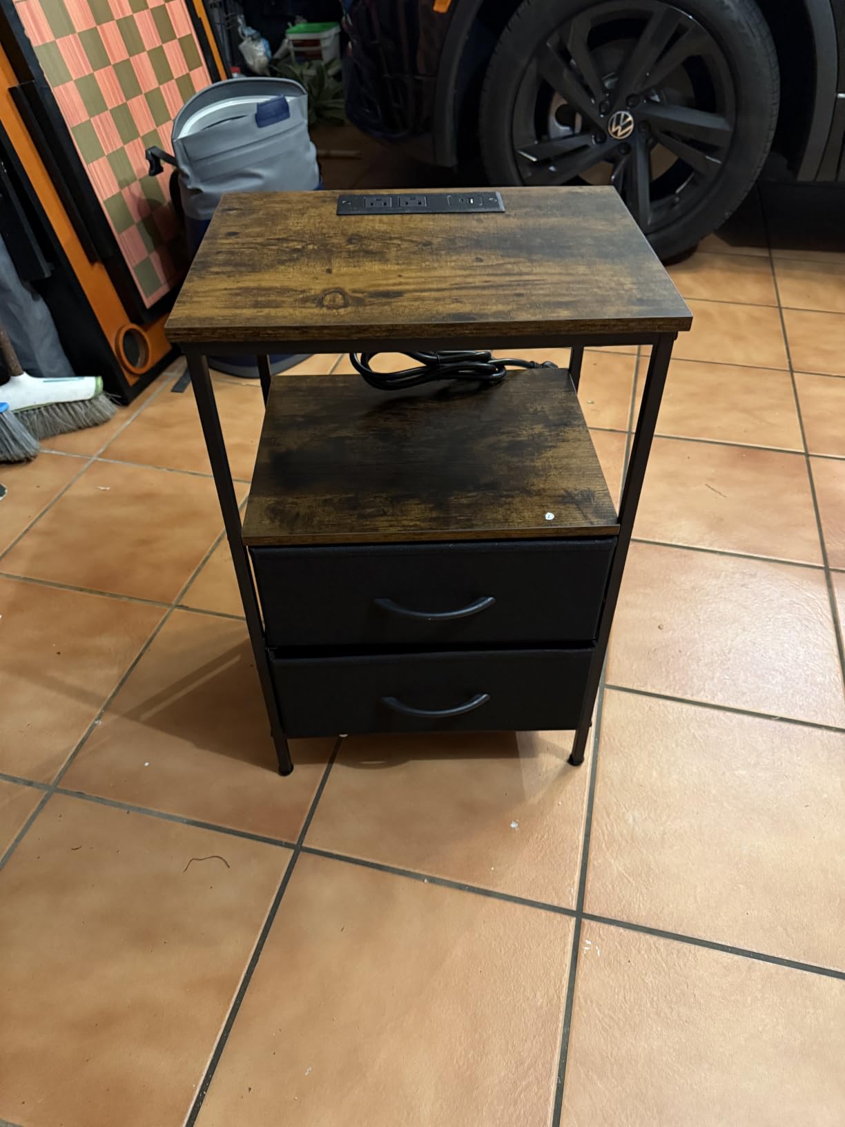 Huuger Nightstand with Charging Station, Side Table with Fabric Drawers, End Table with Open Shelf, Bedside Table with USB Ports and Outlets, Night Stand for Bedroom, Rustic Brown and Black customer photo 2