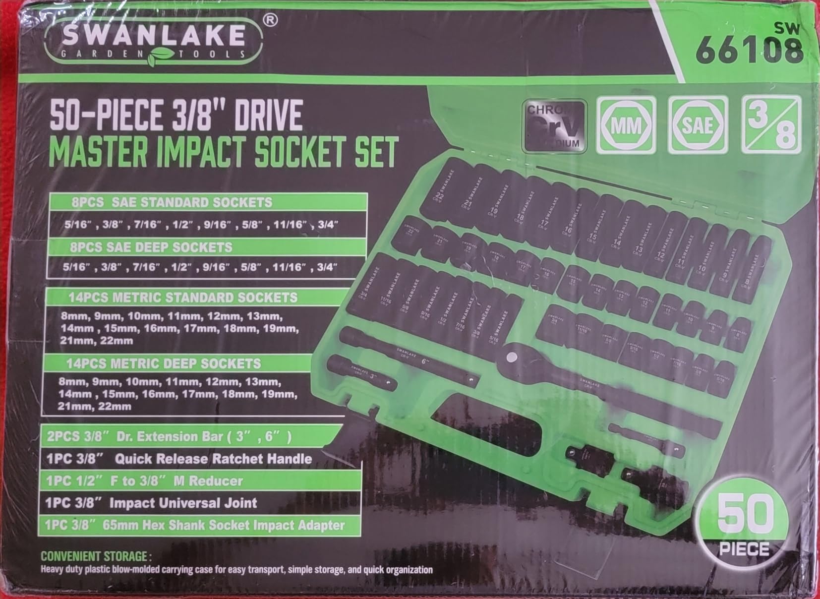 SWANLAKE 3/8'' Drive Impact Socket Set, 50-Piece Standard SAE (5/16 to 3/4 inch) and Metric (8-22mm) Size, 6 Point, Cr-V, 3/8-Inch Ratchet Handle, Extension Bar, Universal Joint customer photo 1