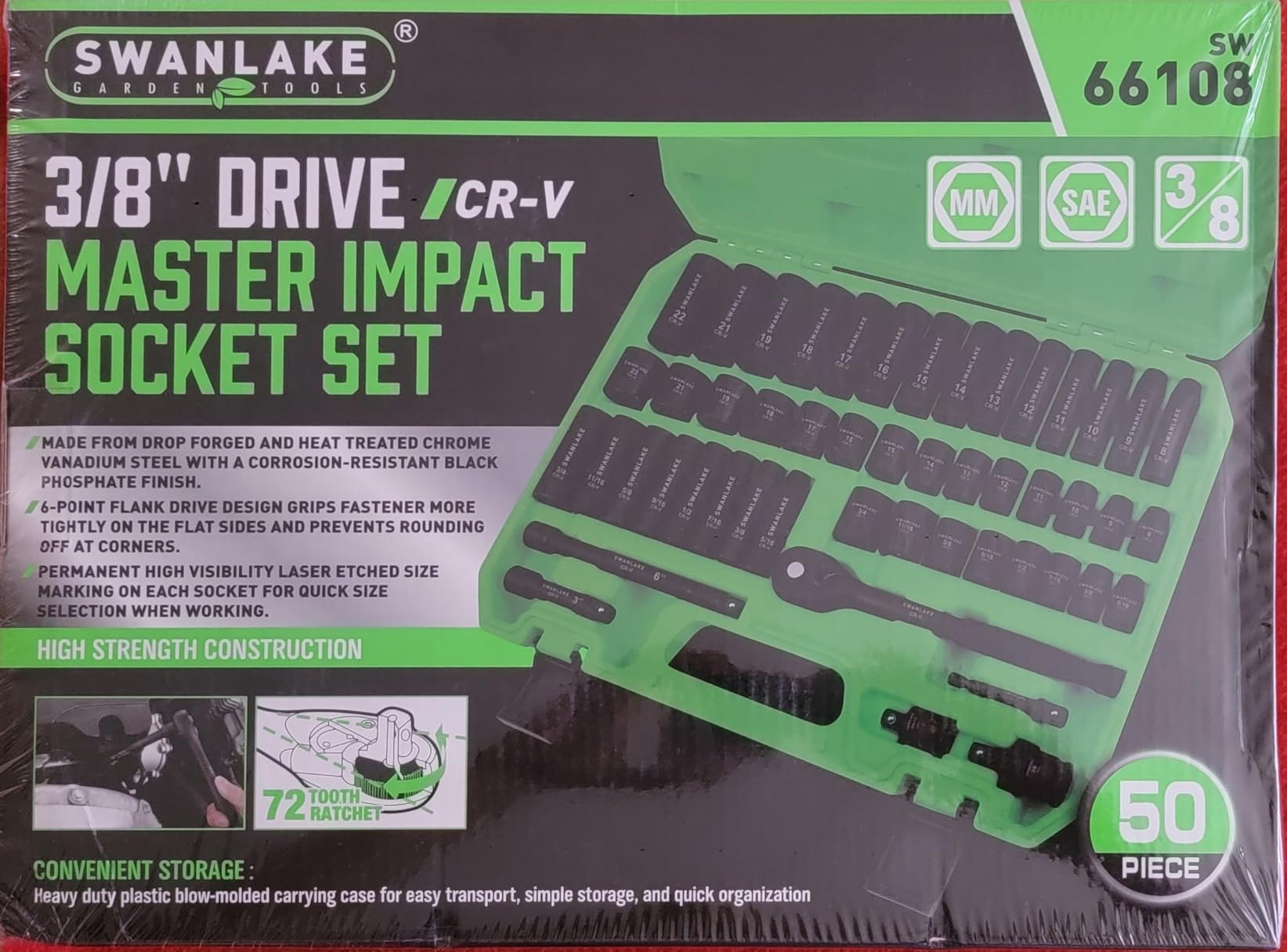 SWANLAKE 3/8'' Drive Impact Socket Set, 50-Piece Standard SAE (5/16 to 3/4 inch) and Metric (8-22mm) Size, 6 Point, Cr-V, 3/8-Inch Ratchet Handle, Extension Bar, Universal Joint customer photo 2