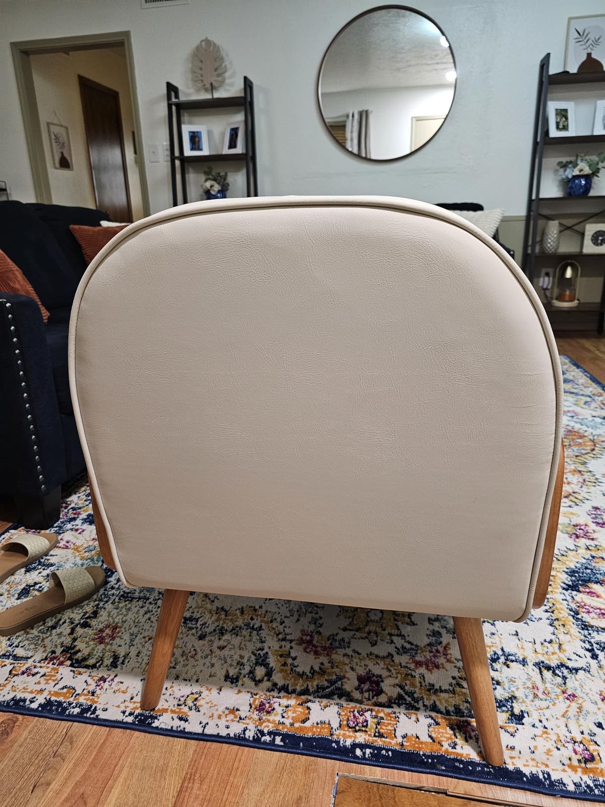 Aklaus Mid Century Modern Accent Chair Armchair with Rattan Arms Upholstered Rattan Boho Accent Chair for Living Room Bedroom Balcony Faux Leather Reading Chairs Side Club Chair Beige customer photo 2