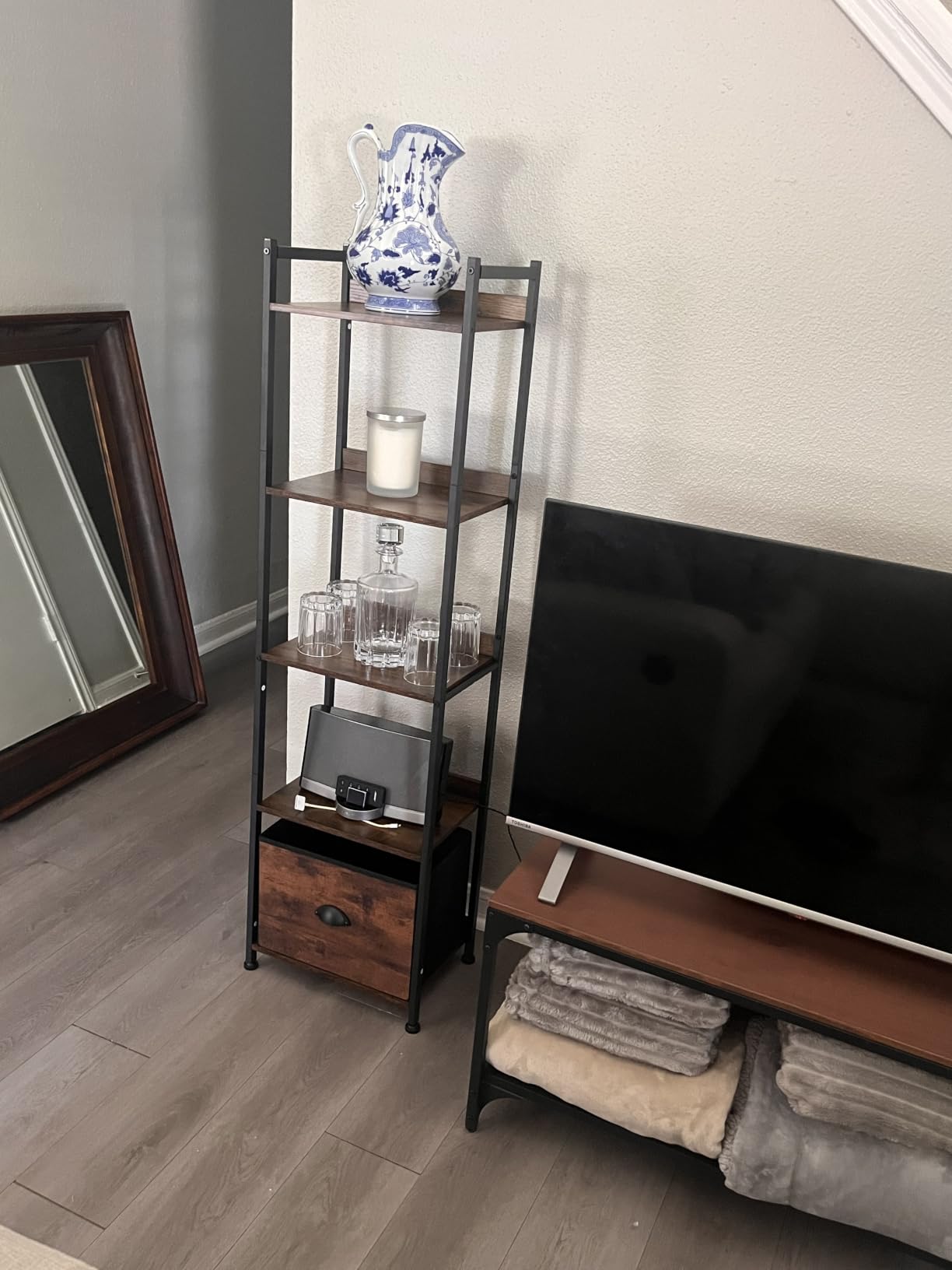 Furologee 5 Tier Bookshelf with Drawer, Tall Narrow Bookcase with Shelves, Wood and Metal Bookshelves Storage Organizer, Industrial Display Standing Shelf Unit for Bedroom, Living Room, Rustic Brown customer photo 1