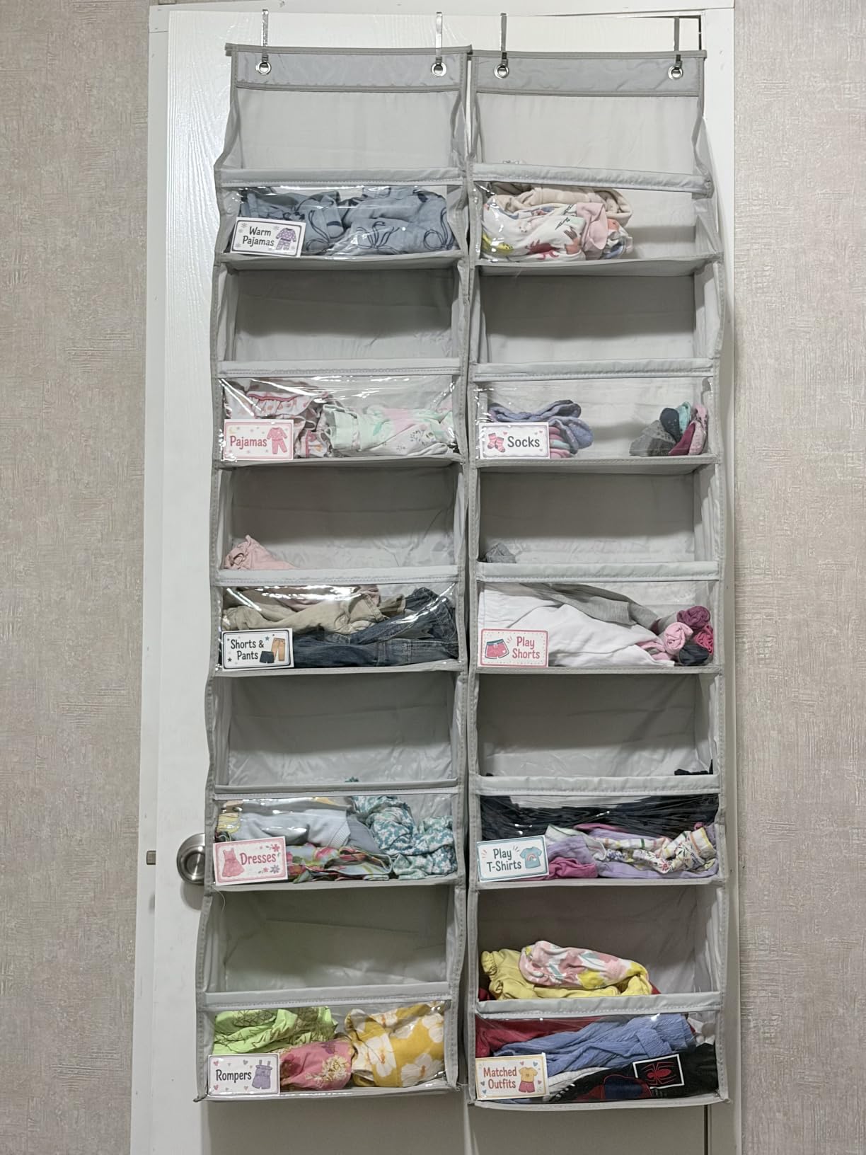 AOODA 2 Pack Over the Door Organizer, Large Capacity Closet Door Hanging Organizer, Clear Deep Pockets Baby Organizer Storage for Nursery, Bathroom, Bedroom, Pantry, Diapers (Grey) customer photo 1