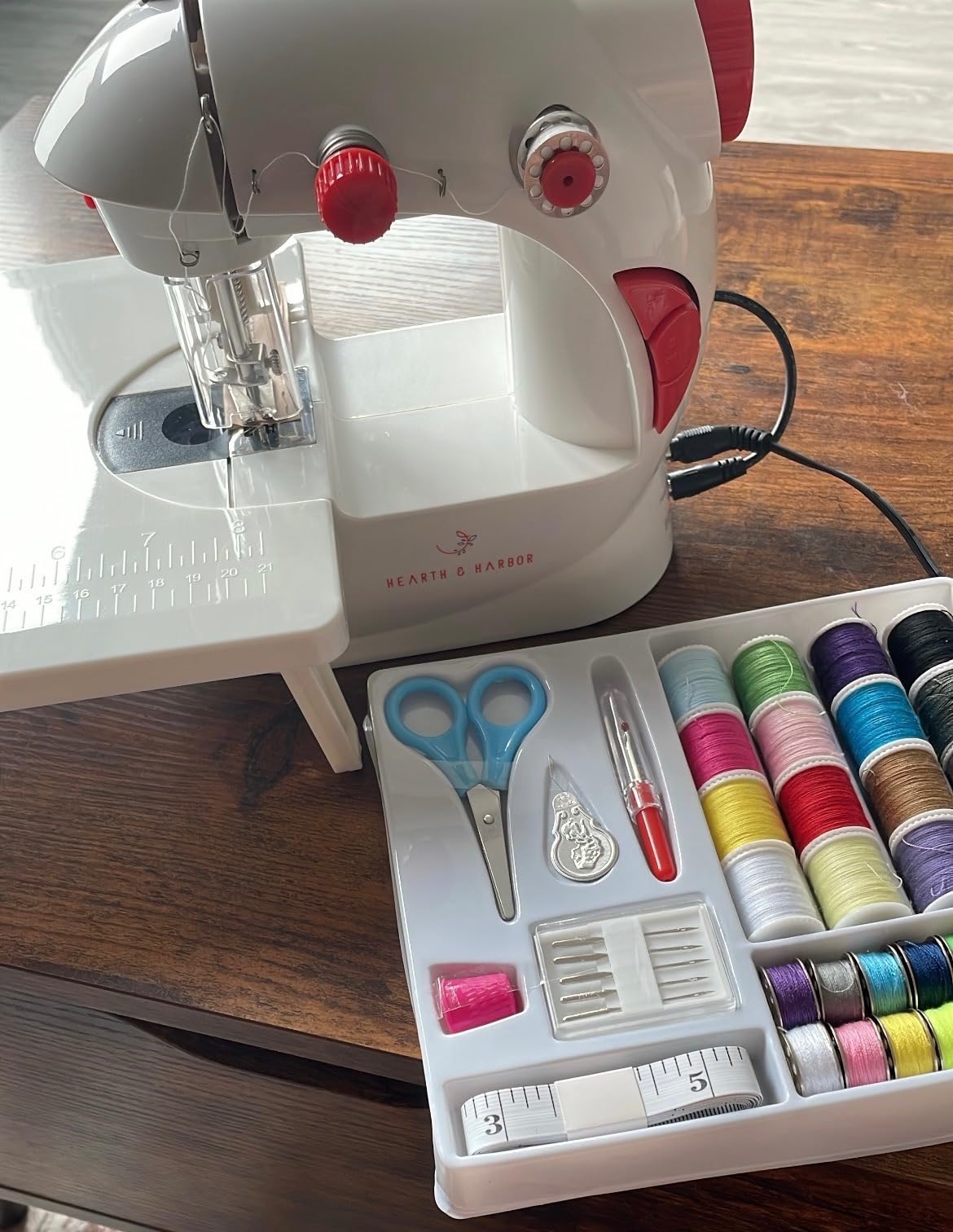 Hearth & Harbor Mini Sewing Machine for Beginners, Dual Speed Small Portable Sewing Machine for Kids and Adults with Extension Table, 48 Piece Gift Set Includes, Pedal, Projects Book and More, Red customer photo 1