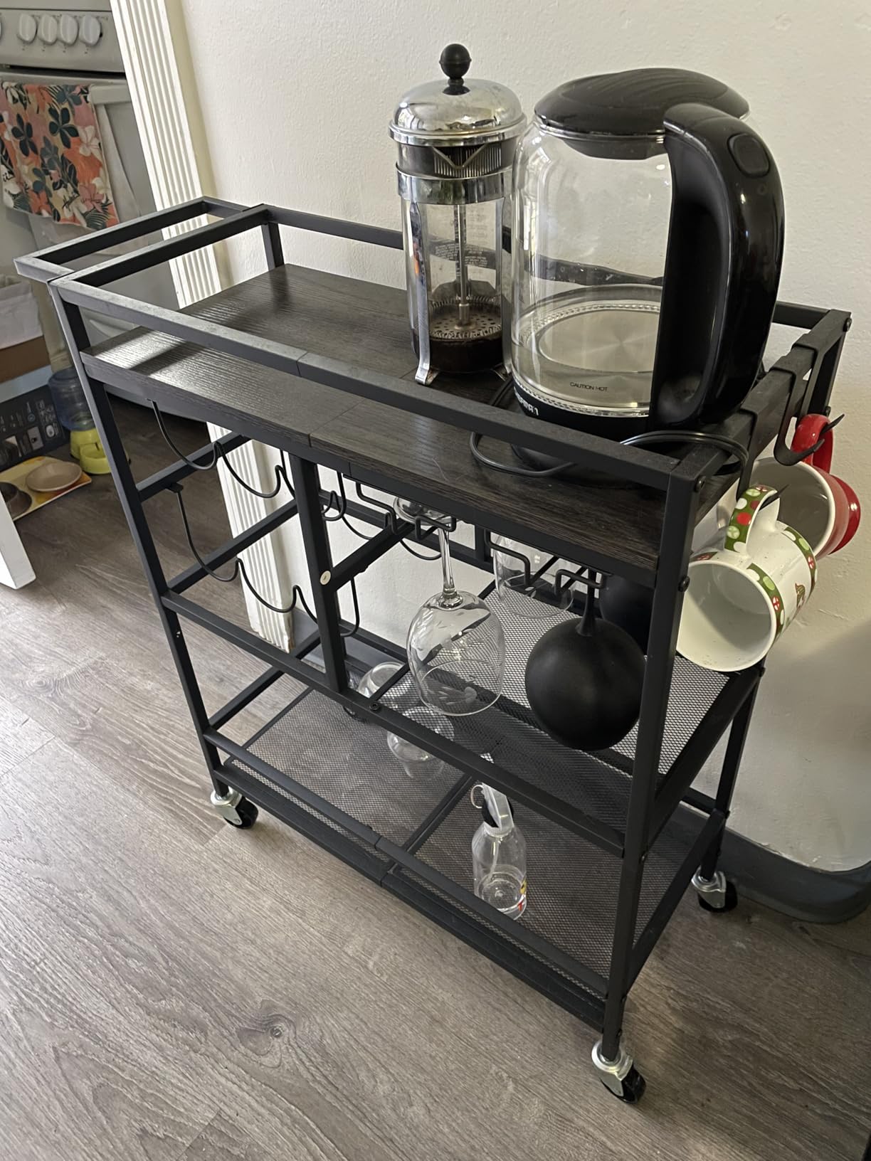 MAHANCRIS Bar Cart for Home, 3-Tier Serving Cart with Wheels and Handle, Beverage Cart with Wine Rack and Glass Holders, Rolling Wine Cart for Kitchen, Dining Room, Charcoal Gray and Black RCHT6101 customer photo 1