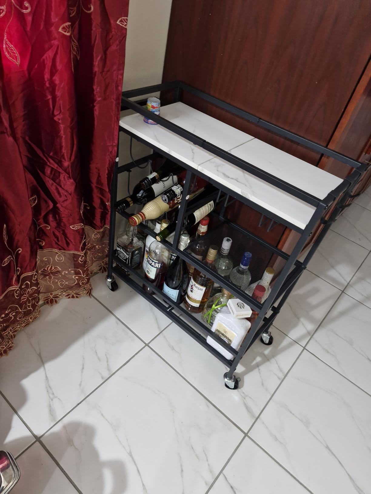 MAHANCRIS Bar Cart for Home, 3-Tier Serving Cart with Wheels and Handle, Beverage Cart with Wine Rack and Glass Holders, Rolling Wine Cart for Kitchen, Dining Room, Charcoal Gray and Black RCHT6101 customer photo 2