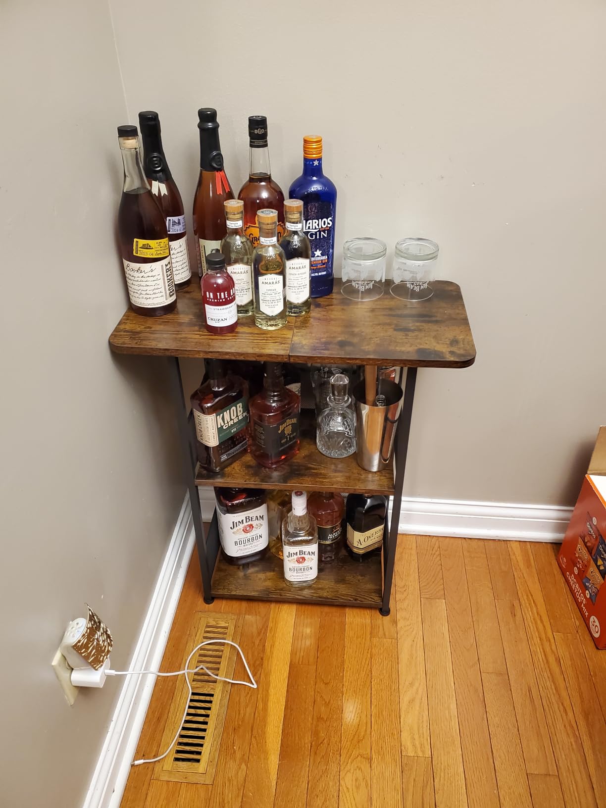 Floor Standing Freestanding Whiskey Rack: 3 Tier Wine Rack, Mini Bar Cart | Wine Bottle Display Stand Liquor Cabinet for Bottles, Cocktail Shaker, Mugs customer photo 2