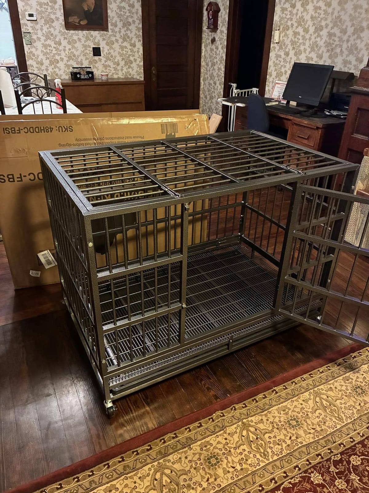 KOKOTANGS 48 Inch Heavy Duty Dog Crate Cage with Wheels, Indestructible and Escape Proof Steel Kennel Indoor for High Anxiety Dogs with Sturdy Locks, Double Door and Tray, Extra Large XL XXL, Black customer photo 1