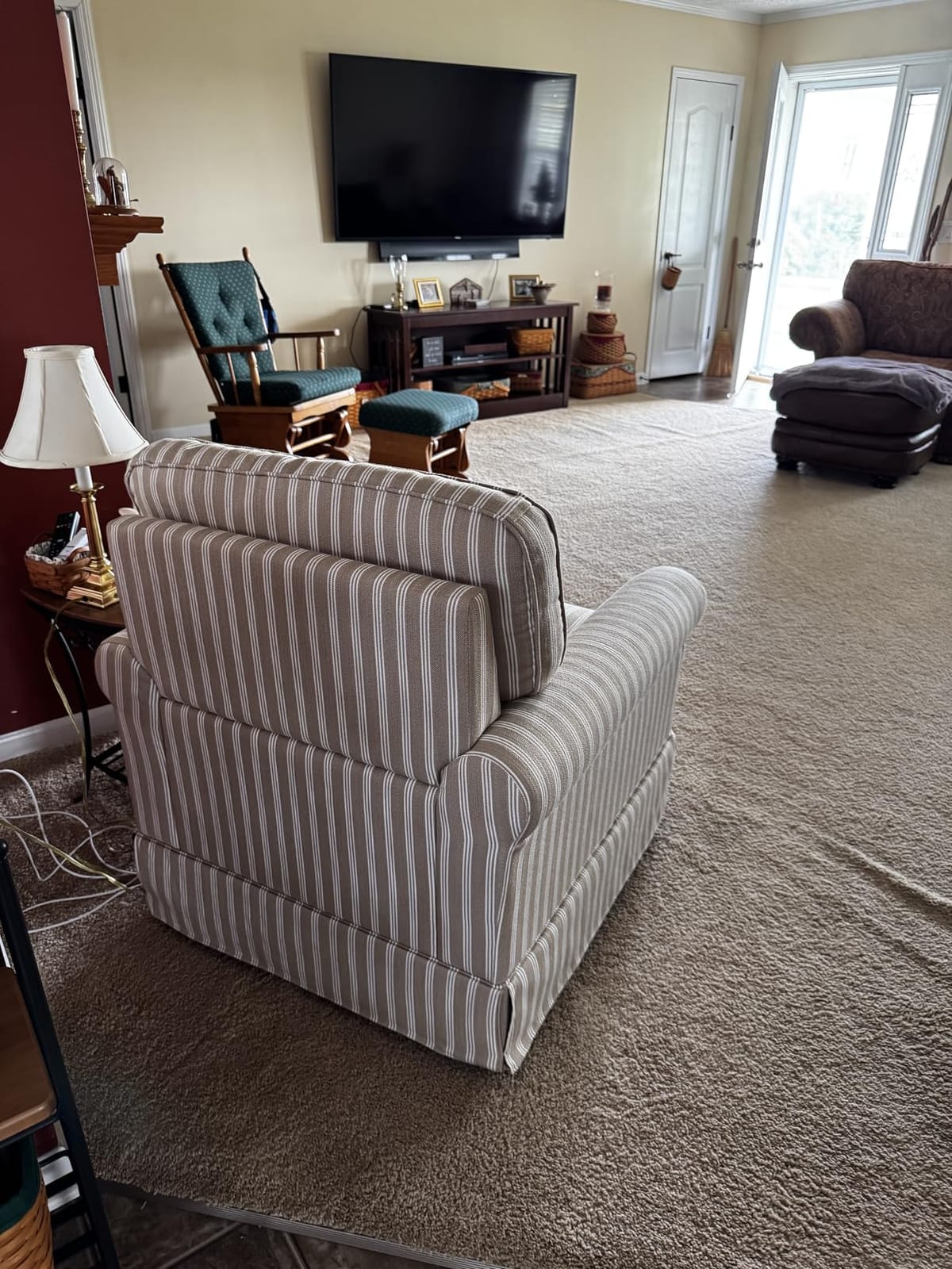 INZOY Swivel Accent Chair Linen Mid Century Modern Chair, Comfy Swivel Barrel Reading Chair, Upholstered Square Chair for Living Room Bedroom Small Spaces, Fully Assembled, Blue Stripe customer photo 2