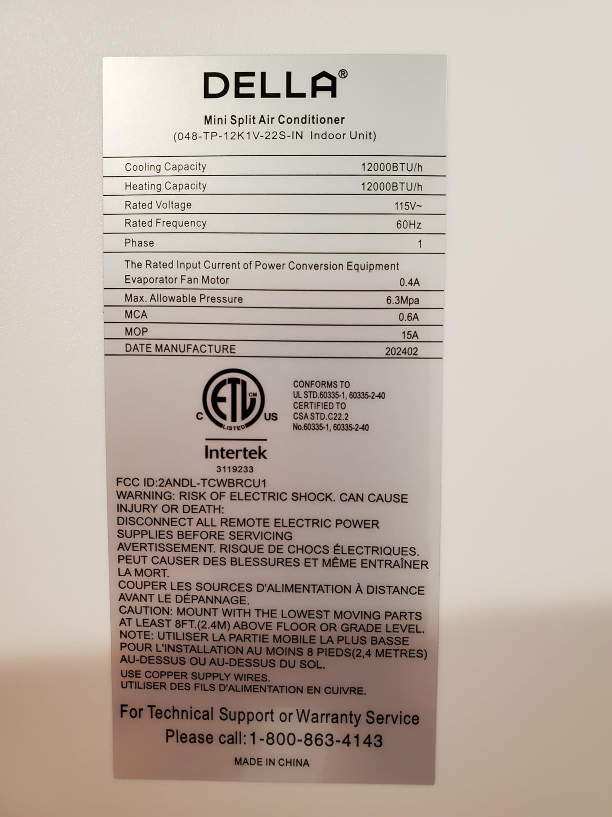DELLA Optima Series 12,000 BTU Mini Split AC, Hyper Heat Down to -13°F, Up to 550 Sq. Ft, 23 SEER2 115V, Energy Star, WiFi & Alexa, Inverter AC with 1 Ton Pre-Charged Heat Pump & 16.4ft Kit customer photo 2
