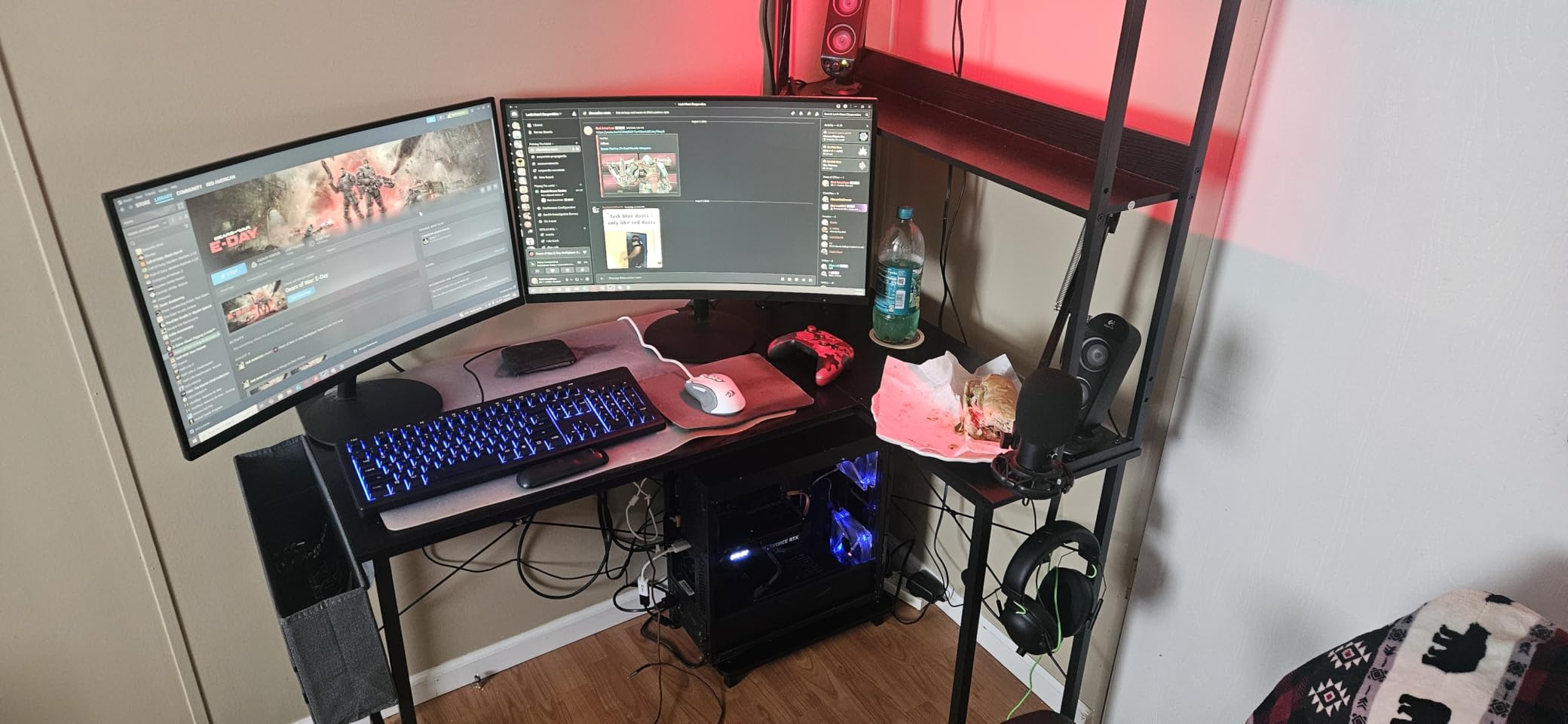 AODK L Shaped Desk Gaming Desk with LED Light & Power Outlet | 53 Inch Black Reversible L Shaped Computer Table with Shelf & Storage Bag & Hook for Home Office customer photo 1