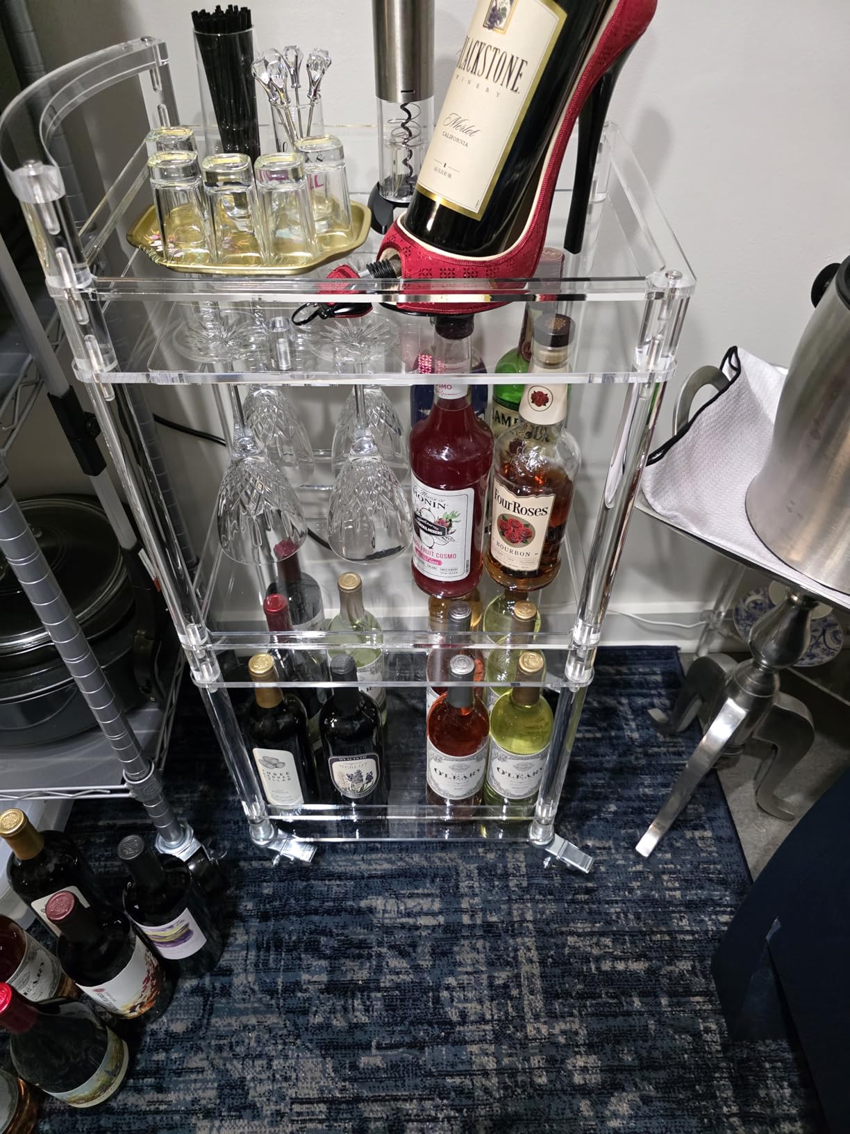 Eglaf Small Acrylic Bar cart, 3 Tier Home Bar Cart with 4 Lockable Wheels | Rolling Serving Cart with Glass Holders, Handle, for Living Room, Kitchen, Bedroom, Bar, 15.6