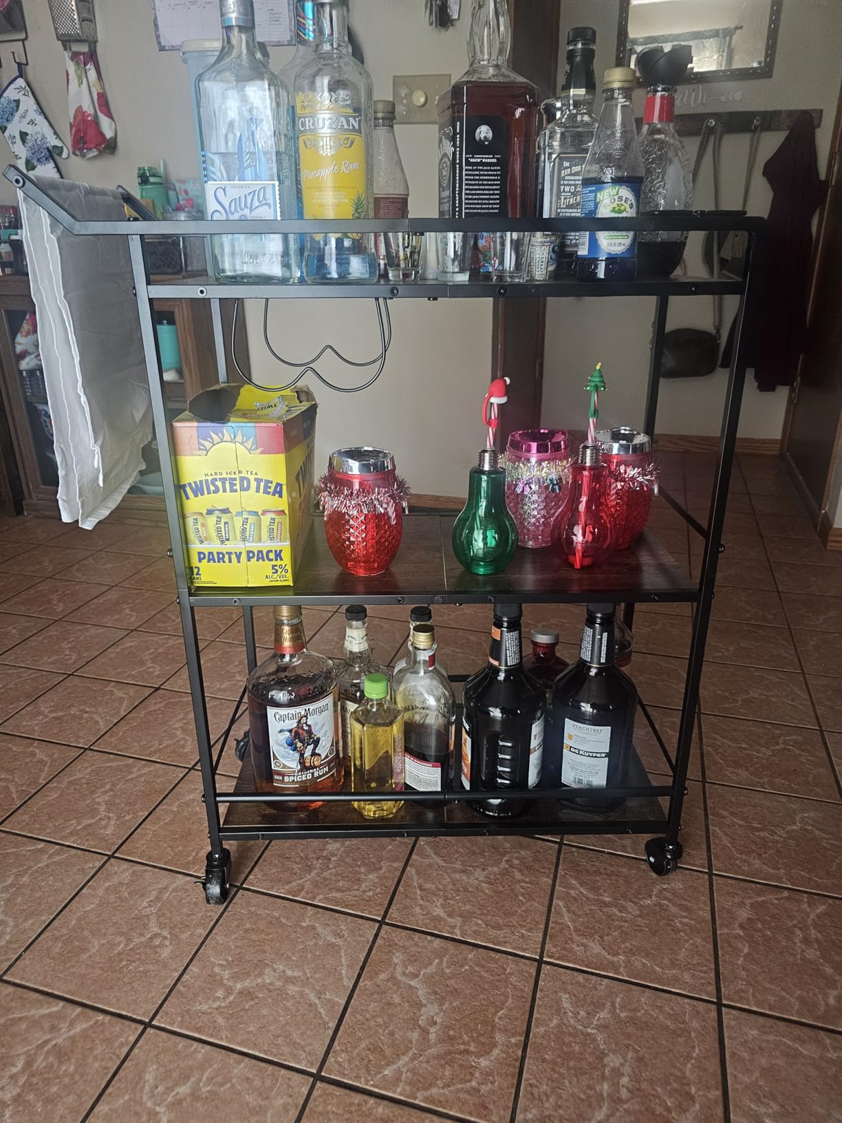 LOTEYIKE 3 Tier Bar Cart, Mini Liquor Utility Cart for Wine Beverage Dinner Party, Rolling Wine Coffee Drink Serving Cart with Lockable Wheels for Home Kitchen Bars (Rustic Brown) customer photo 1