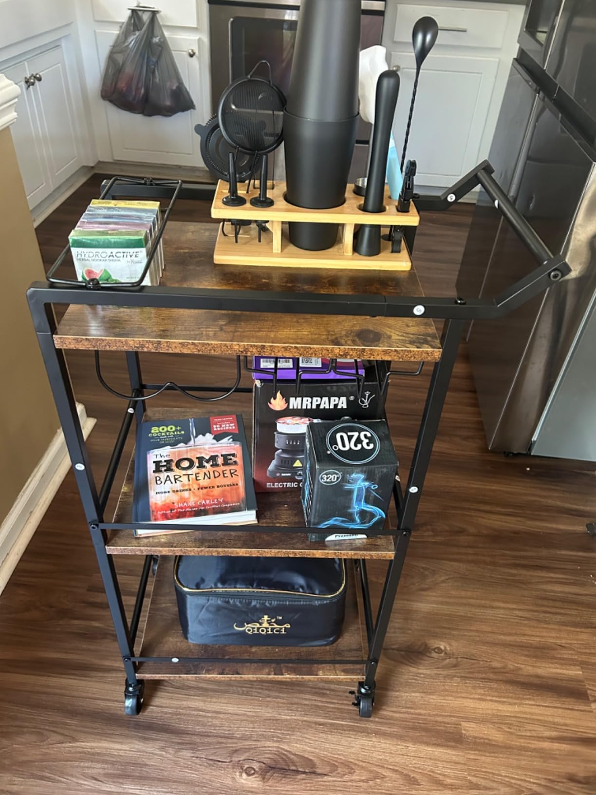 LOTEYIKE 3 Tier Bar Cart, Mini Liquor Utility Cart for Wine Beverage Dinner Party, Rolling Wine Coffee Drink Serving Cart with Lockable Wheels for Home Kitchen Bars (Rustic Brown) customer photo 2