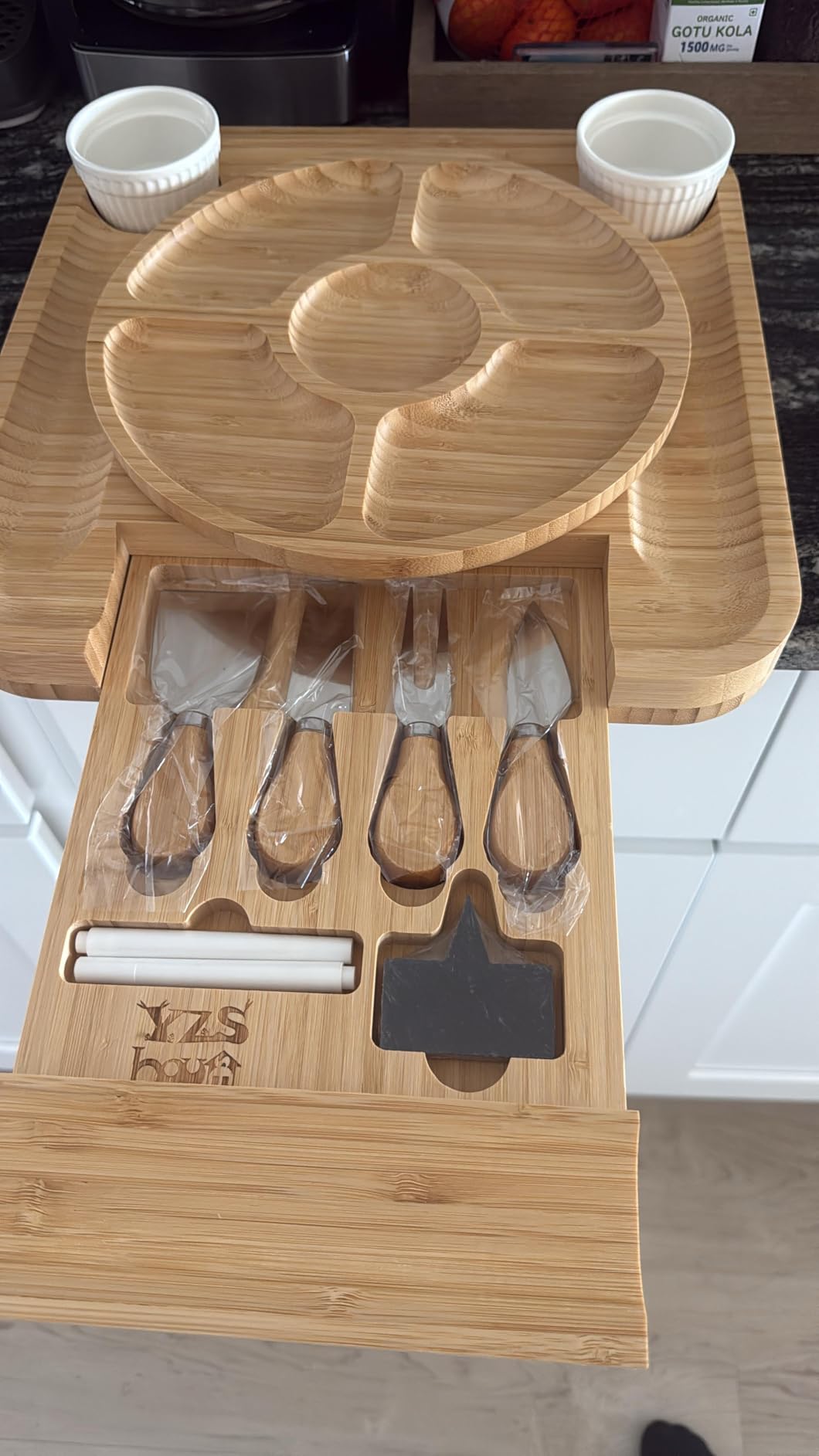 Premium Bamboo Charcuterie Board Set with Hidden Drawer & 4 Cheese Knives - 13x13 Large Cheese Board Serving Tray - Unique Housewarming Gifts for New Home, Wedding & Bridal Shower Gifts for Couples customer photo 1