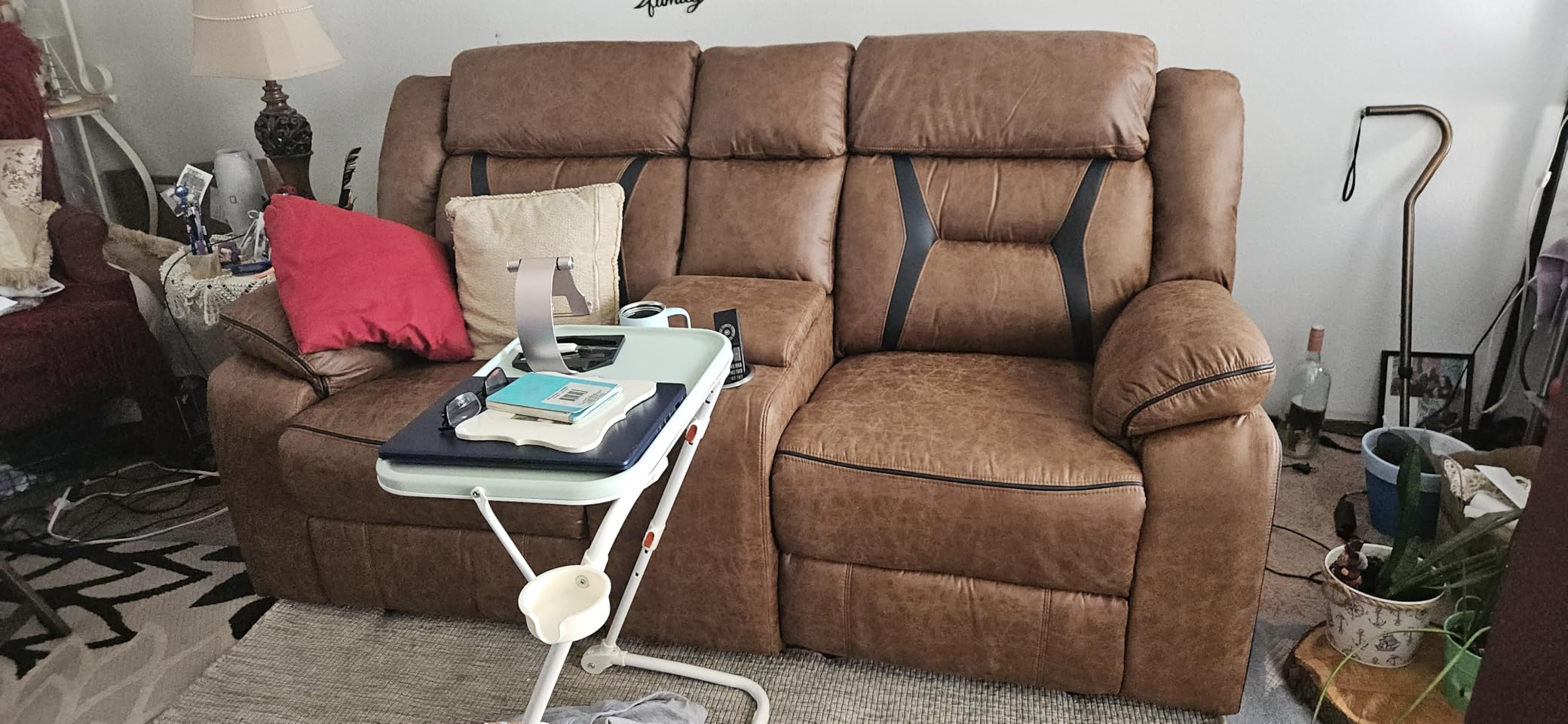 EBELLO Faux Leather Manual Loveseat Recliner, 2 Seat Reclining Sofa Chair with Center Console, Hidden Storage and Cup Holders, Daul Recliner for Living Room, Meeting Room, Brown (Loveseat) customer photo 2