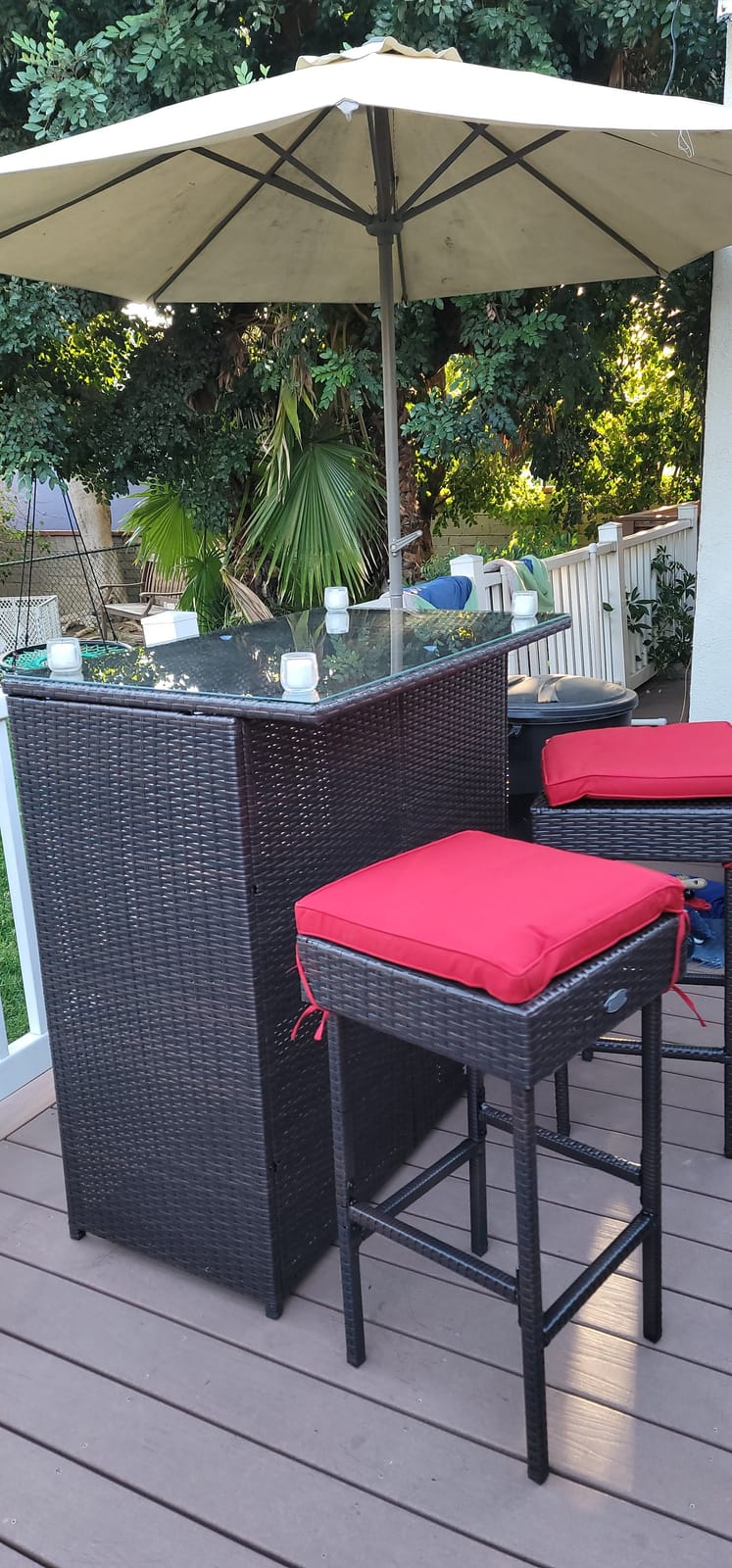 Tangkula 3 Piece Patio Bar Set, Outdoor Rattan Bar Table and 2 Stools with Tempered Glass Tabletop, 2-Tier Storage, Removable Cushions, Outside Wicker Conversation Set customer photo 1