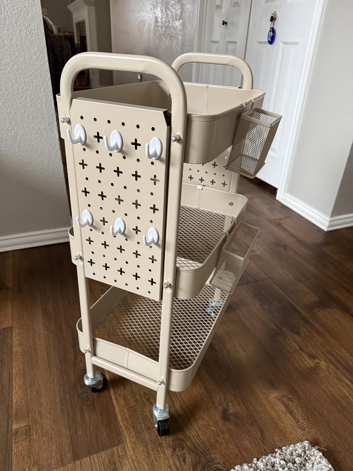 ALVOROG 3 Tier Metal Rolling Utility Cart with Pegboards,Baskets,Hook,Khaki customer photo 1