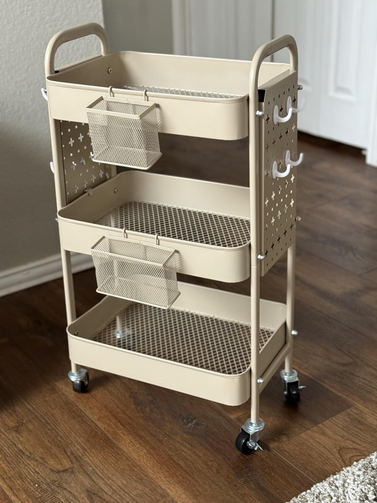 ALVOROG 3 Tier Metal Rolling Utility Cart with Pegboards,Baskets,Hook,Khaki customer photo 2