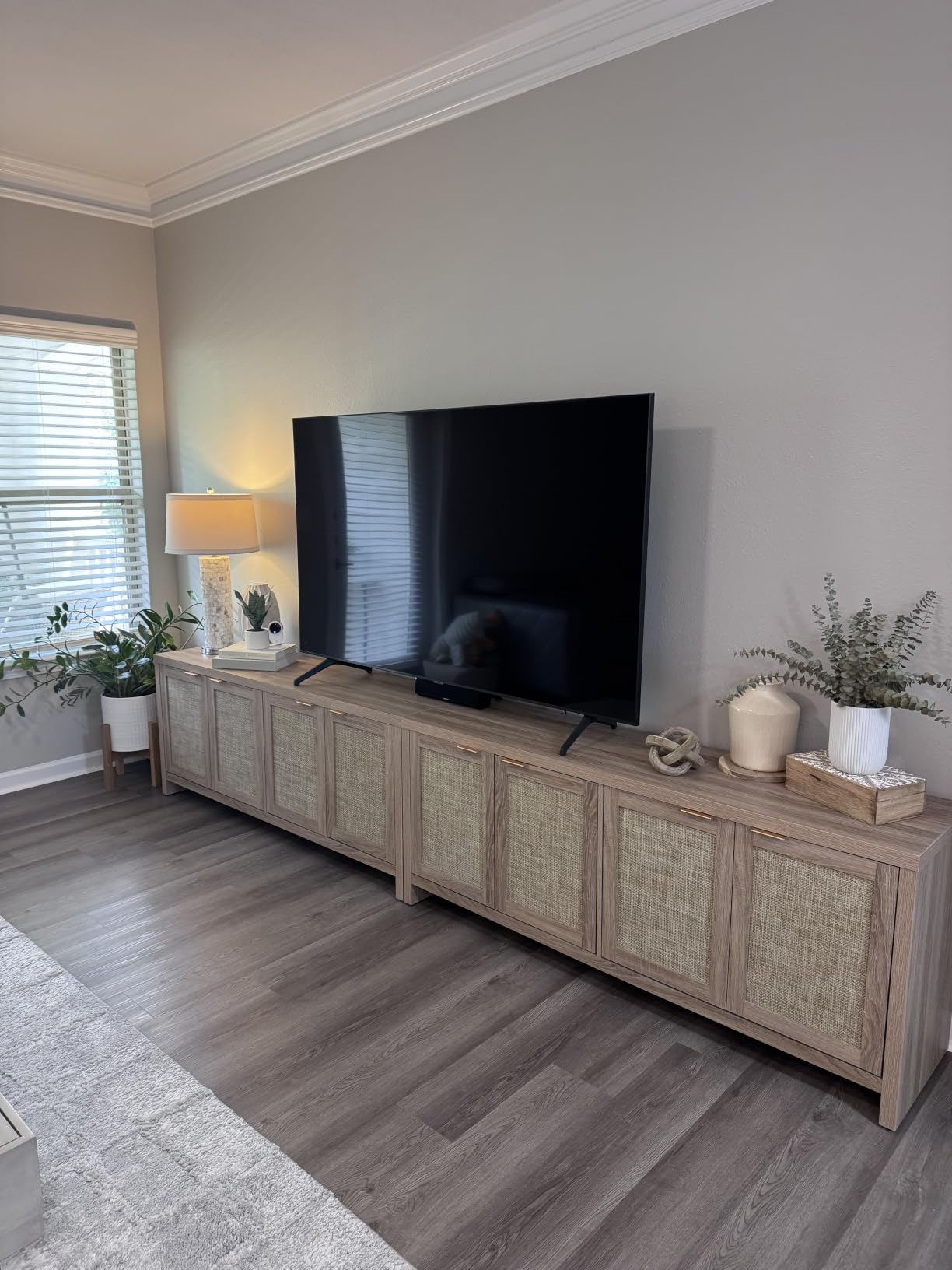 SICOTAS TV Stand for Living Room Boho Entertainment Center for Bedroom with 4 Rattan Cabinets Farmhouse Television Stands with Storage Large Media Console Table for TVs up to 65 Inch customer photo 1