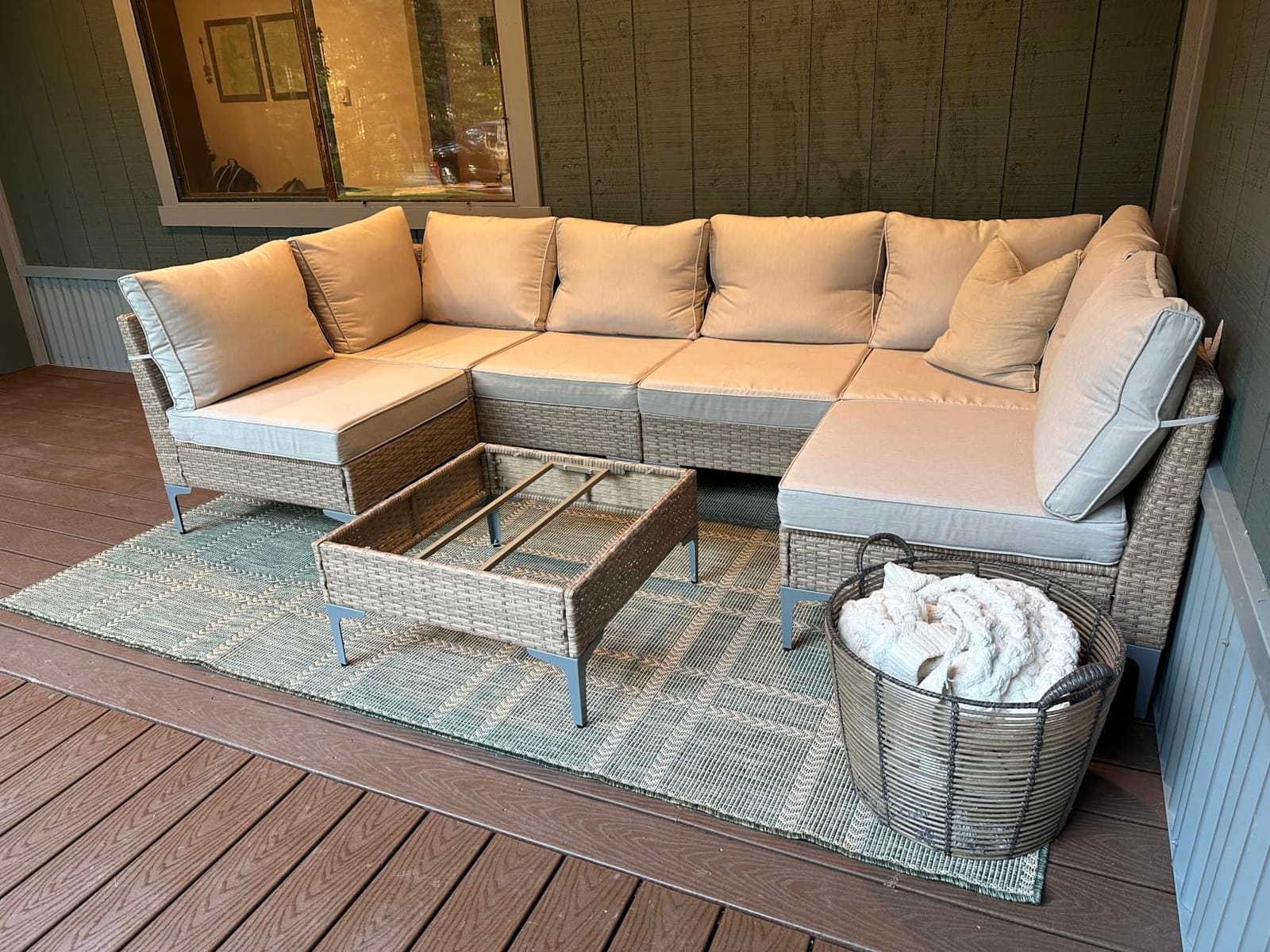 JOYURE 5 Piece Wicker Patio Furniture Set, Outdoor Conversation Sectional Sofa w/Coffee Table, All-Weather Outdoor Sofa with Thick and Anti-Slip Cushions for Deck, Poolside, Garden, Beige customer photo 1