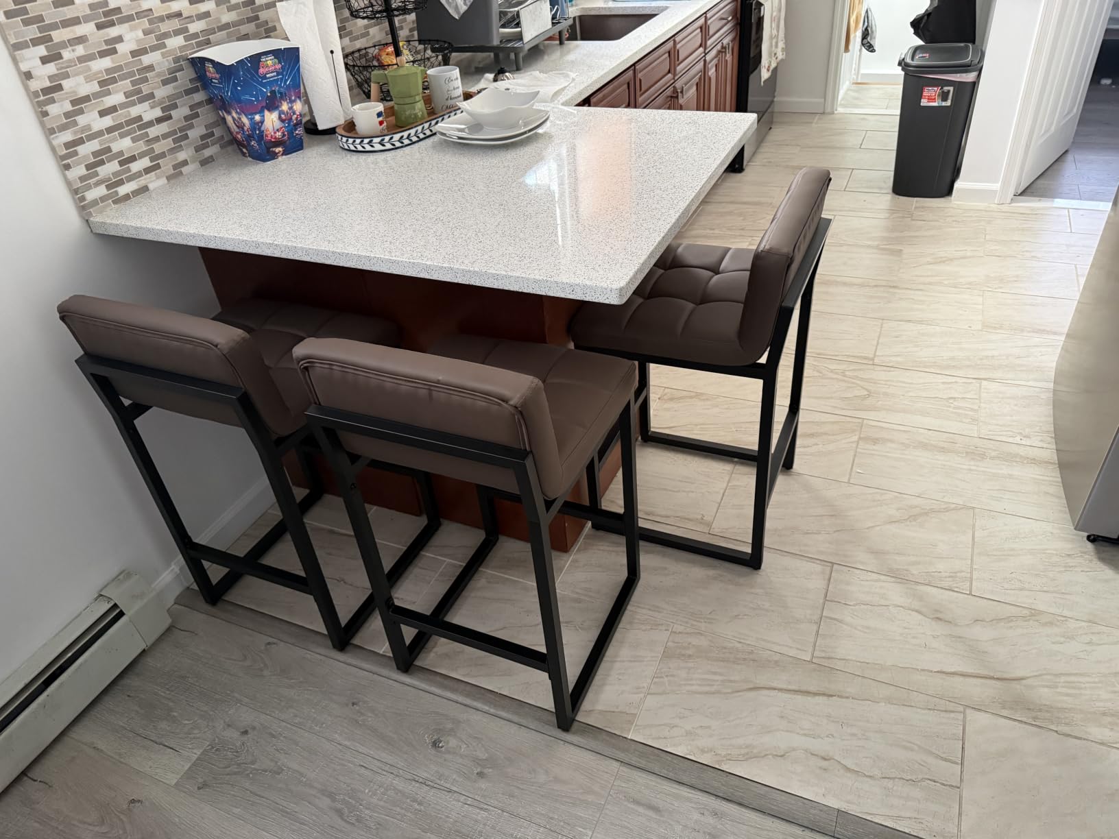 FIRAVOE Counter Height Bar Stools Set of 4, Upholstered Barstools with Back, Bar Chairs with Thickened Metal Legs, PU Leather Counter Stools for Kitchen Island (Coffee Brown, 4Pcs 26