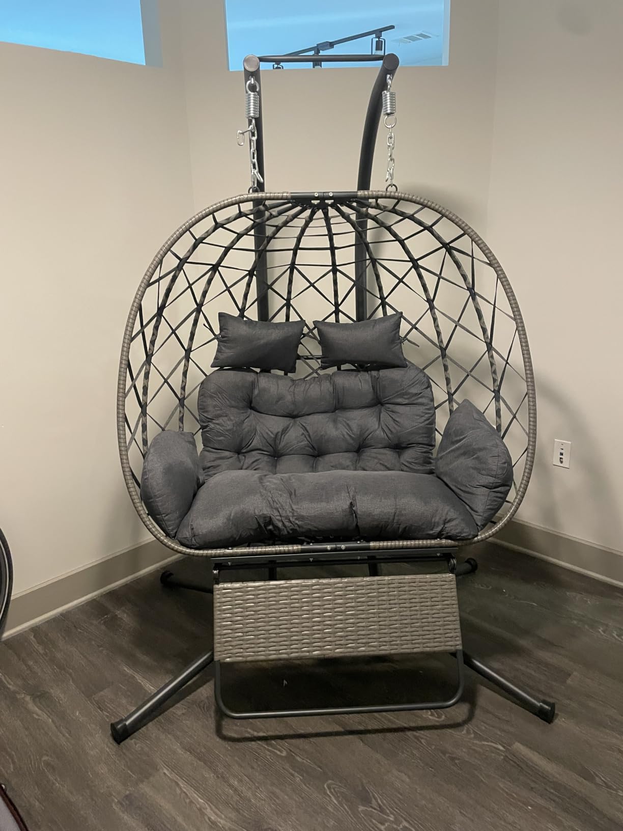 SWITTE Double Egg Chair Outdoor with Stand, Patio Hanging Swing, Grey | Indoor 2 Person Egg Swinging with Cushion, Wicker Loveseat for Porch Balcony Backyard, Cozy Hammock Chairs 680 LBS Capacity customer photo 1