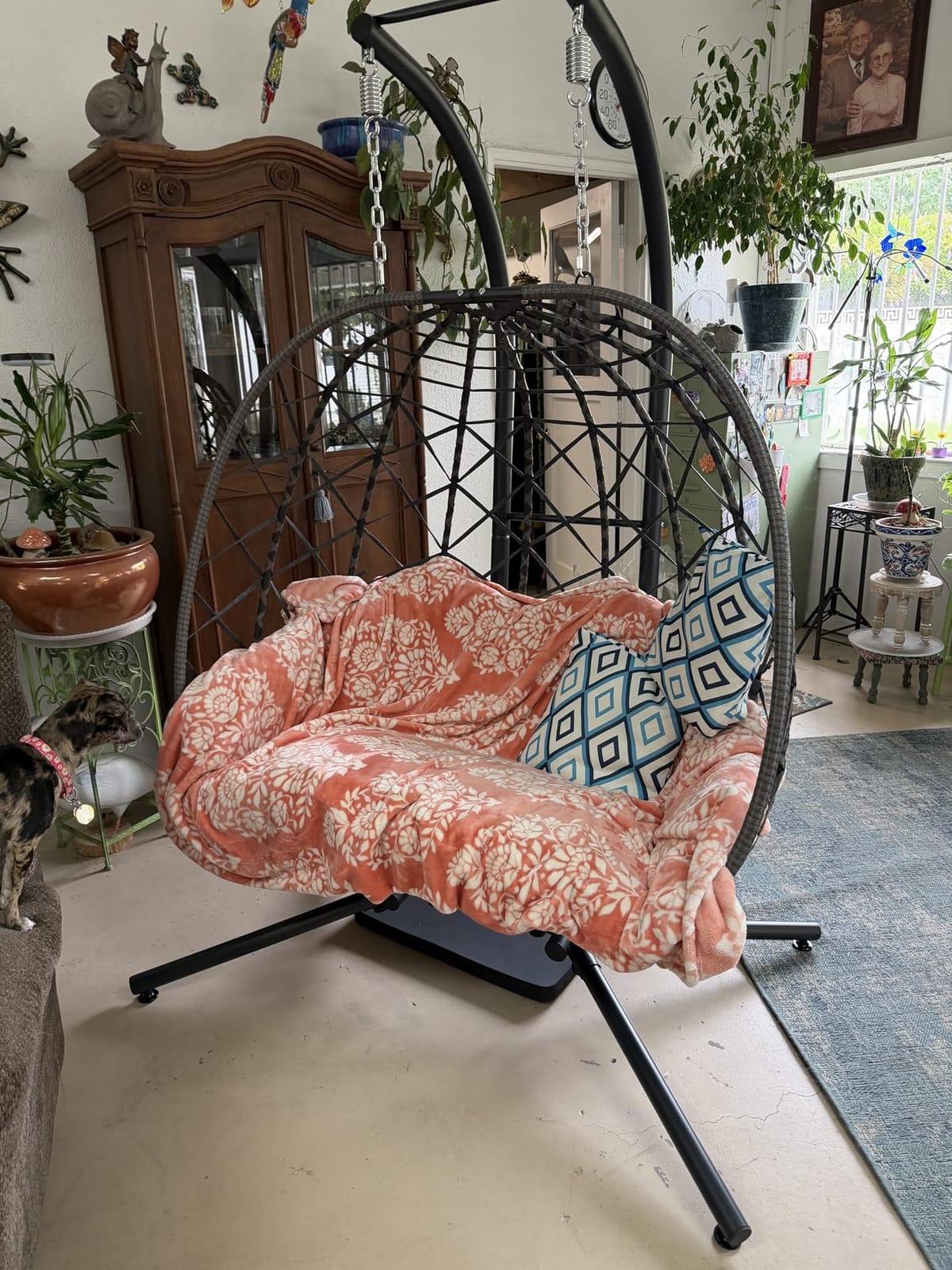 SWITTE Double Egg Chair Outdoor with Stand, Patio Hanging Swing, Grey | Indoor 2 Person Egg Swinging with Cushion, Wicker Loveseat for Porch Balcony Backyard, Cozy Hammock Chairs 680 LBS Capacity customer photo 2