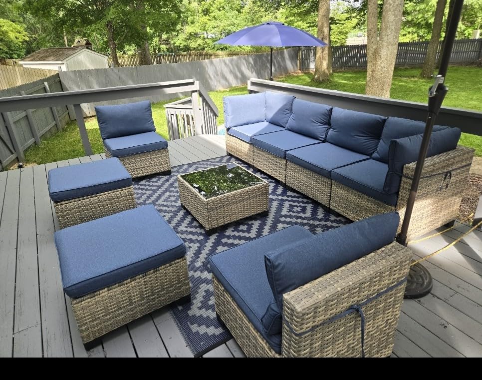 Outdoor PE Wicker Rattan Modular Patio Sectional Sofa Set | 7-Piece: 6 Modular Seats & Coffee Table with Thick Cushions, Navy Blue customer photo 2