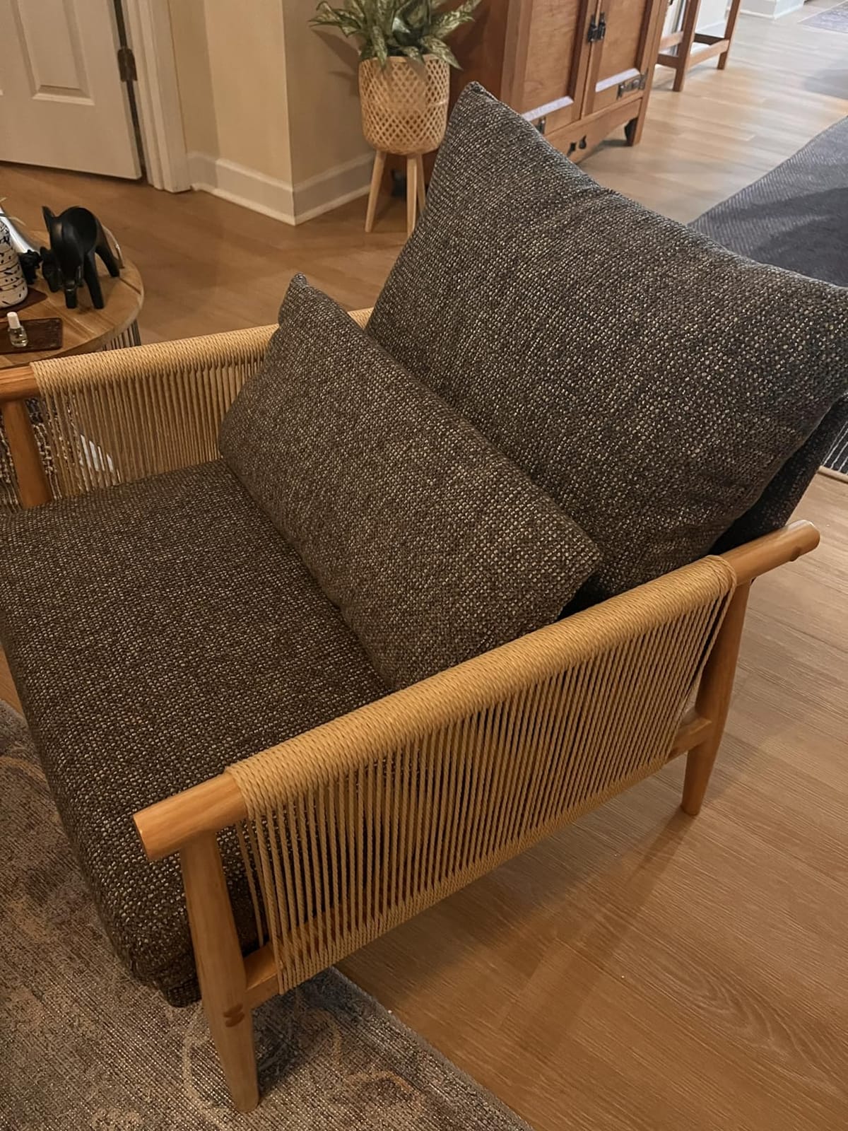 VINGLI Boho Braid Accent Armchair,Mid-Century Modern Chiar with Solid Wooden Armrest,Comfy Louge Cushion Chair with Waist Pillow for Bedroom,Living Room,Reading Room, Beige customer photo 2
