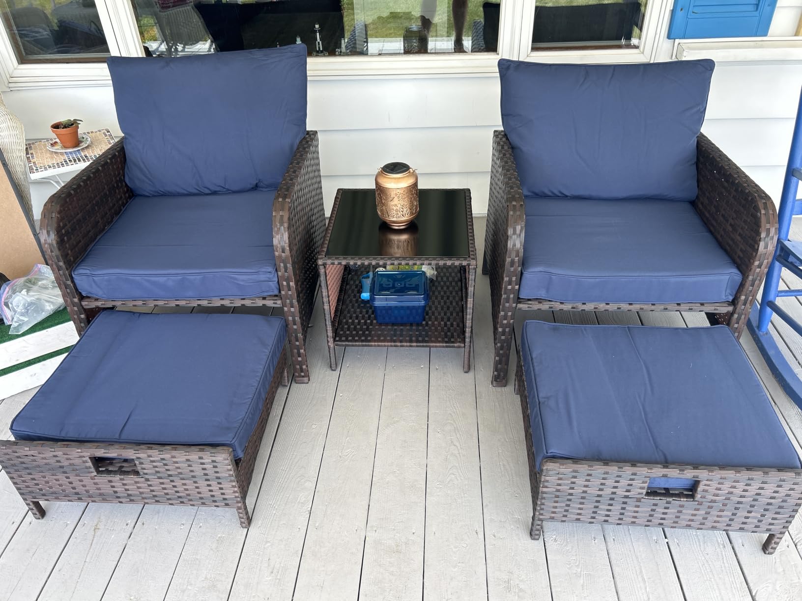 LEVELEVE Balcony Furniture 5 Piece Patio Conversation Set, PE Wicker Rattan Outdoor Lounge Chairs with Soft Cushions 2 Ottoman&Glass Table for Porch, Lawn-Brown Wicker customer photo 1
