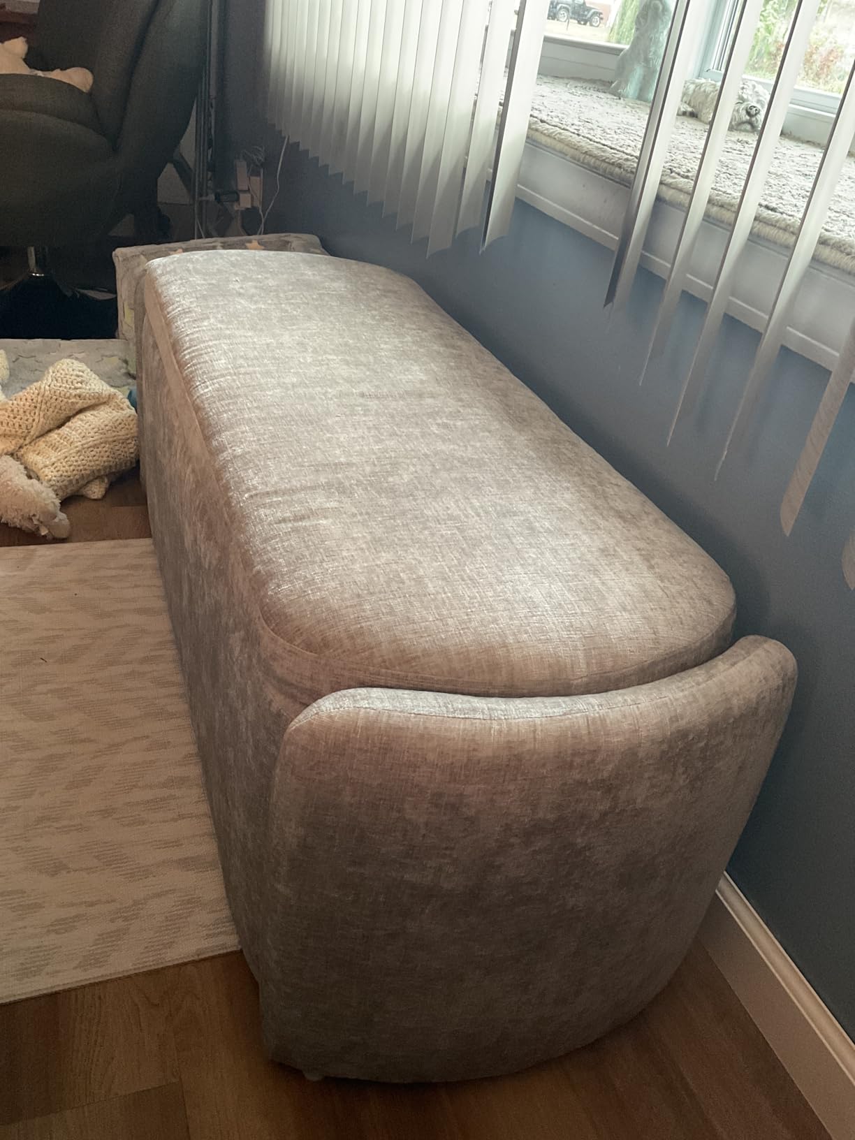 VKNOW Storage Bench, Upholstered Storage Ottoman Bench with Hinge, Khaki | Ottoman Bench with Large Capacity, Curved Frame, Soft Fabric, Storage Bench for Bedroom, Living Room, Entryway customer photo 1