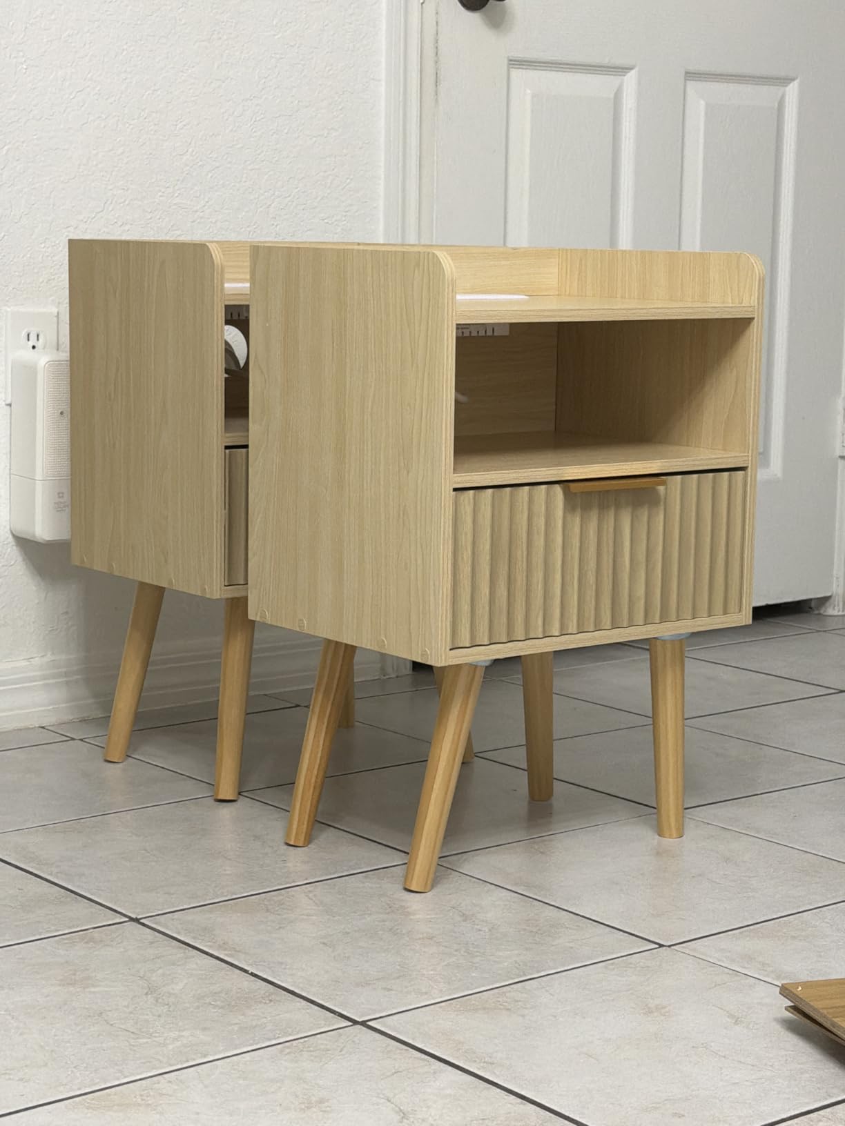 Huuger Nightstand Set of 2 with Charging Station, USB-C Port, End Tables | Fluted Night Stand Bedside Table with Drawer, Solid Wood Feet, Open Storage, with Raised Edge, for Bedroom, Walnut customer photo 2