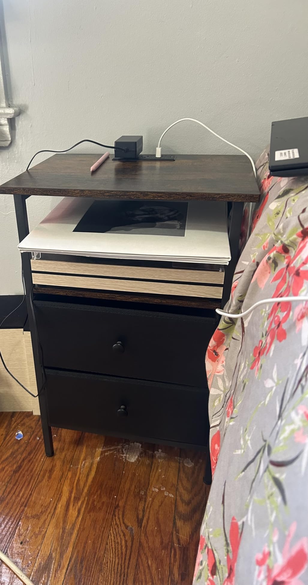 Nightstand with Charging Station, Bedside End Table with 2 Fabric Drawers for Bedroom, Side Table with USB Ports and Outlets (Brown Black) customer photo 2