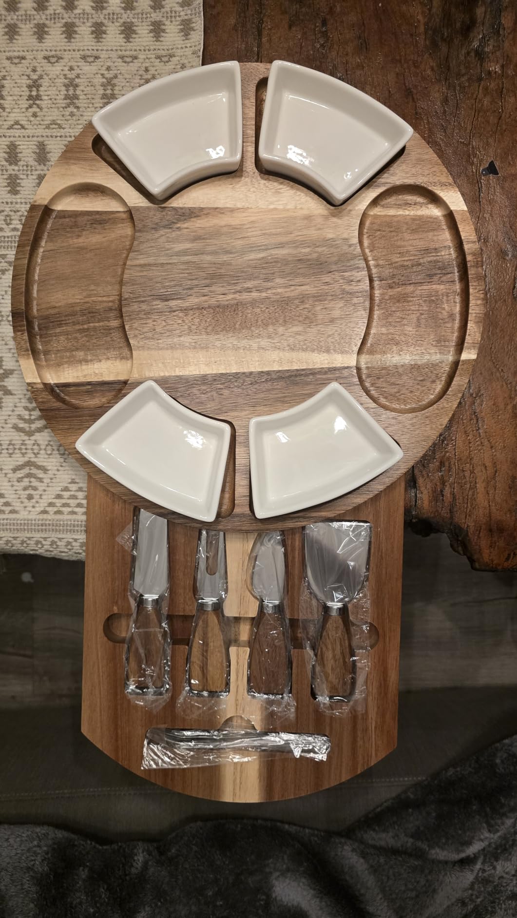 Acacia Cheese Board & Knife Set, Round Charcuterie Board with Ceramic Bowls, Hidden Slide-Out Drawer & Serving Utensils customer photo 2