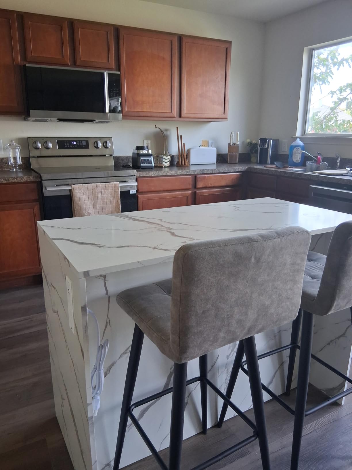 ONBRILL Kitchen Island with 2 Storage Cabinets & 4 Drawers, White | Extra-Large Imitation Marble Tabletop Dining Table with Power Outlet, Island Bar Table for Kitchen Dining Room Living Room customer photo 2
